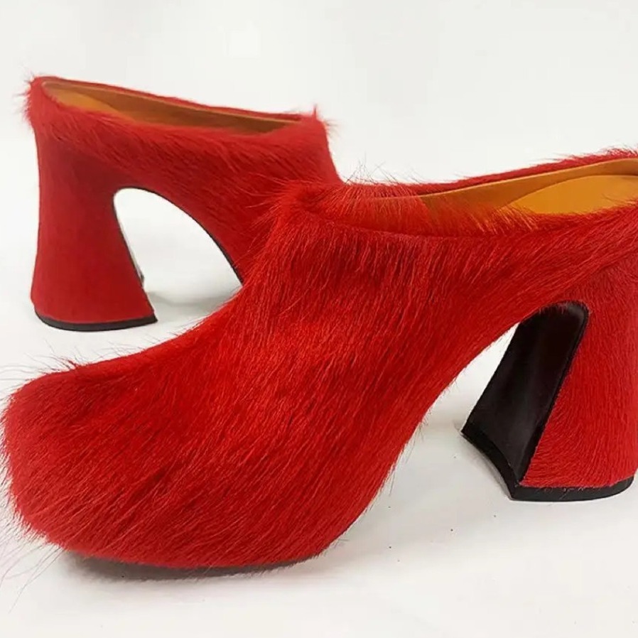 Round headed candy colored genuine leather horse hair with raised height inside casual lazy half slippers for women — image 11