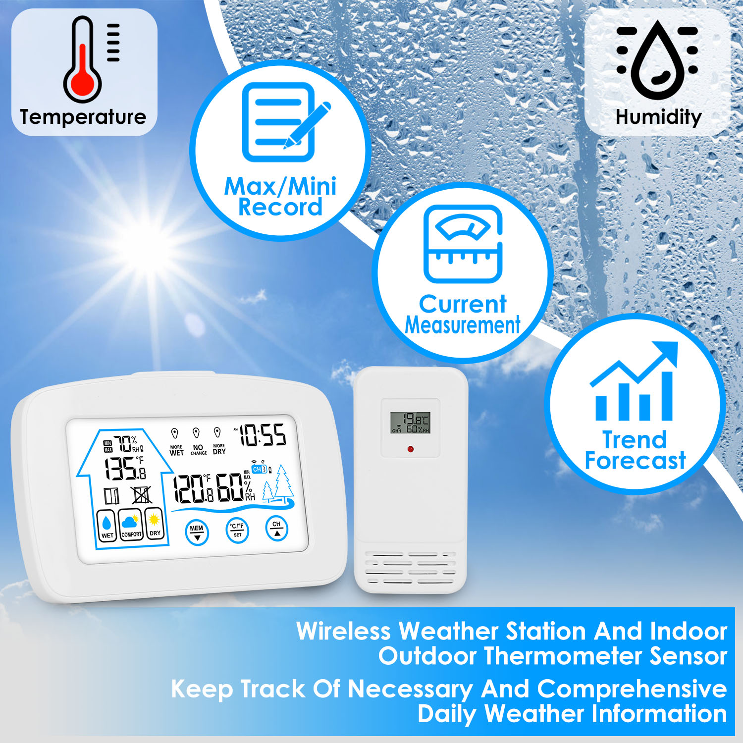 Wireless Weather Station With Clock 196FT Range Indoor Outdoor Thermometer Sensor Temperature And Humidity Monitor Humidity Forecast Battery Powered Backlight Display — image 3