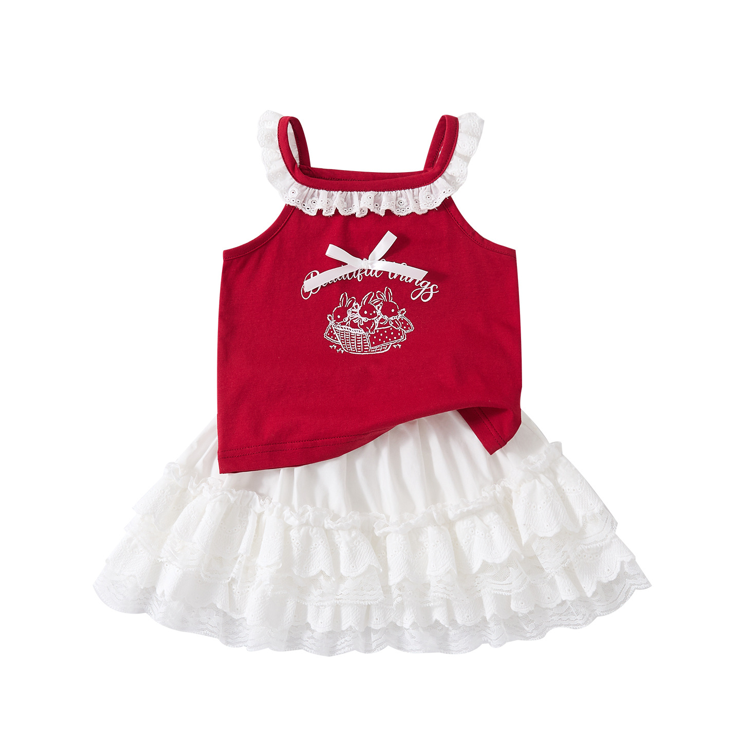 Embroidered Rabbit Ruffle Strap Baby Girl Summer Sweet Breathable Patchwork Skirt — image 1