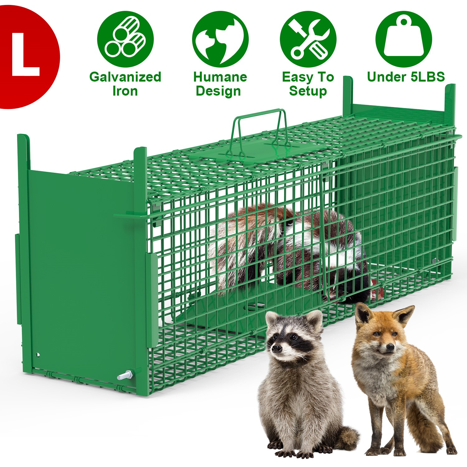 Live Animal Cage Trap For Animals Humane Galvanized Iron Trap Cage For Raccoons Armadillos Foxes Opossums Muskrats Beavers 26in 32in 40in Size Options Green — image 2