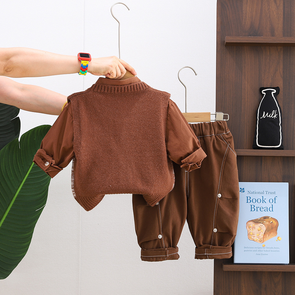 Baby Boys Clothes Set 0-4 Years Spring Autumn Square Bear Print Sweater Vest Shirt Pants Outfit — image 5