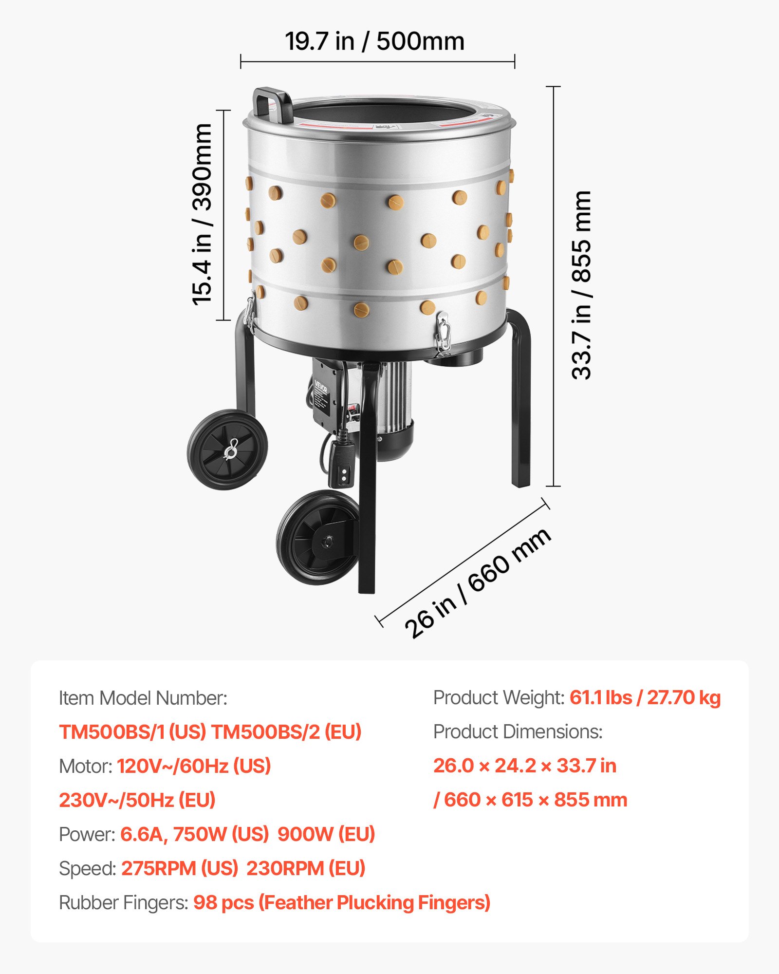 Máquina de Pelar Pollos Eléctrica, 19.7'' Tambor, 750W y 275RPM - Plucker de Pollos con 98 Dedos Blandos y Ruedas de Transporte para Carne de Poultry — imagen 1