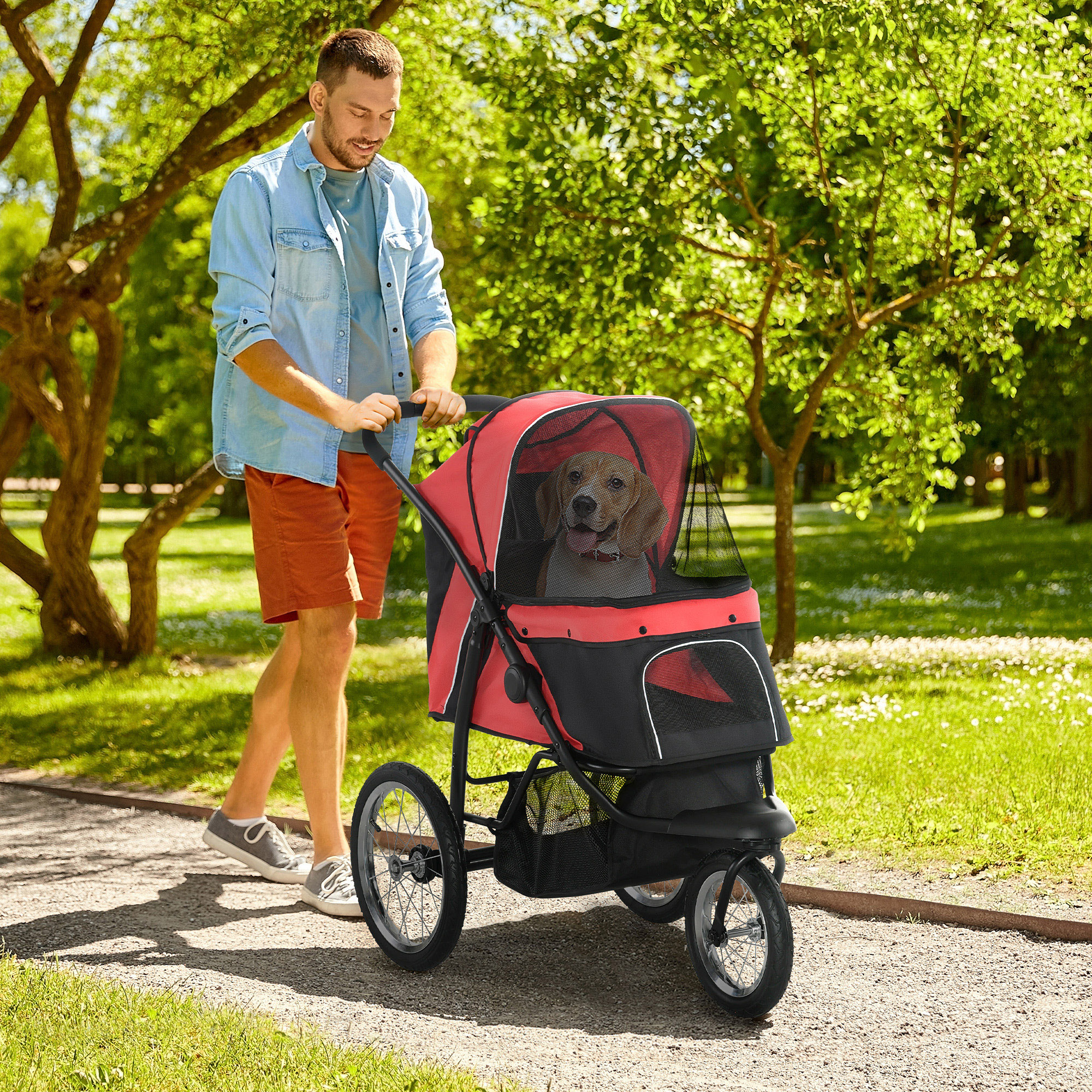 3 Wheels Pet Stroller for Small Dogs and Medium Dogs with Adjustable Canopy, Safety Tether, Storage Basket, Red — imagen 4