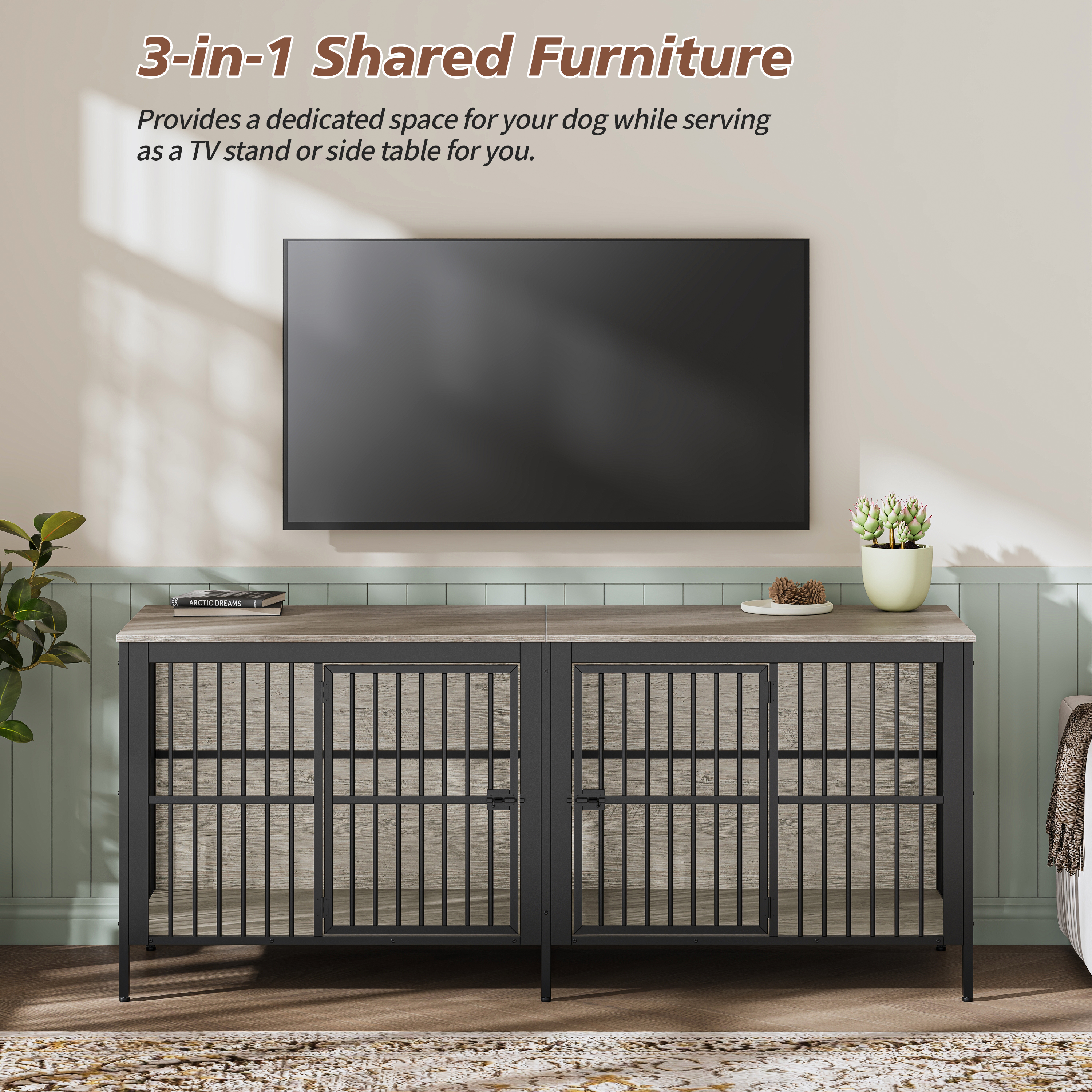 Mesa Auxiliar Jaula para Perros de 80", Kennel Resistente de 2 Puertas para Interior, Mueble Multifuncional para Perros como Mueble de TV o Mesa Auxiliar para Sala, Perros Grandes y Medianos, Gris — imagen 3