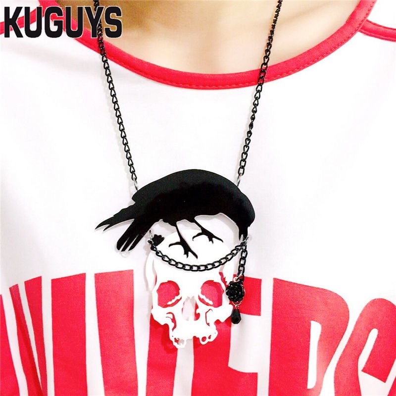 Joyas de Acetato de Moda para Mujer Negra con Cuervo y Calavera Blanca Pendiente Grande Cadena de Enlace Hip-Hop Rock — imagen 4