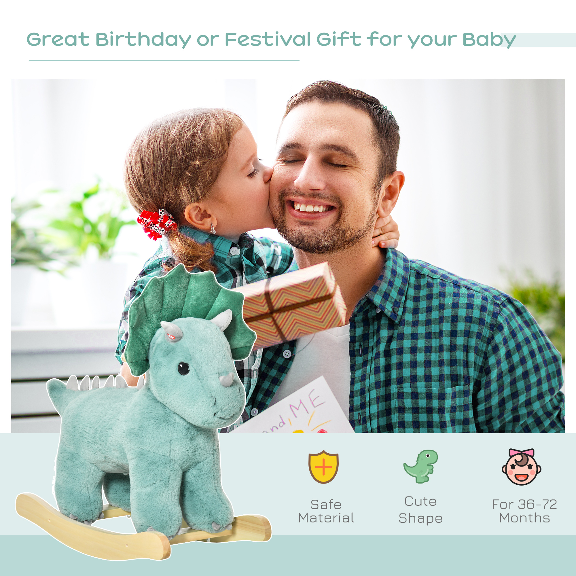 Kids Plush Ride-On Rocking Horse Triceratops-shaped Plush Toy Rocker with Realistic Sounds for Child 36-72 Months Green — imagen 7