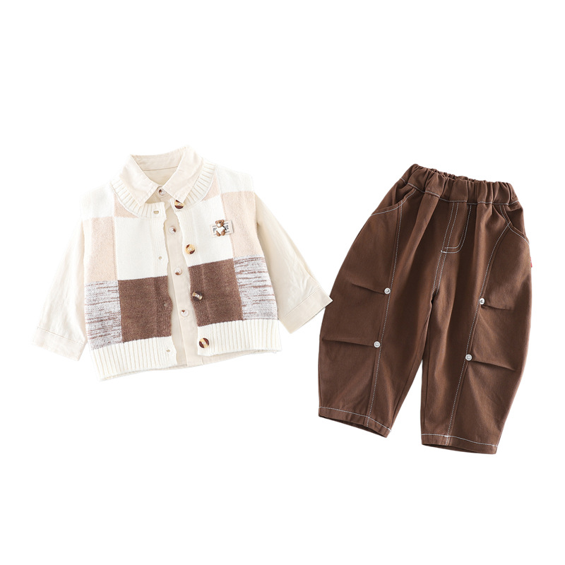 Baby Boys Clothes Set 0-4 Years Spring Autumn Square Bear Print Sweater Vest Shirt Pants Outfit — image 6