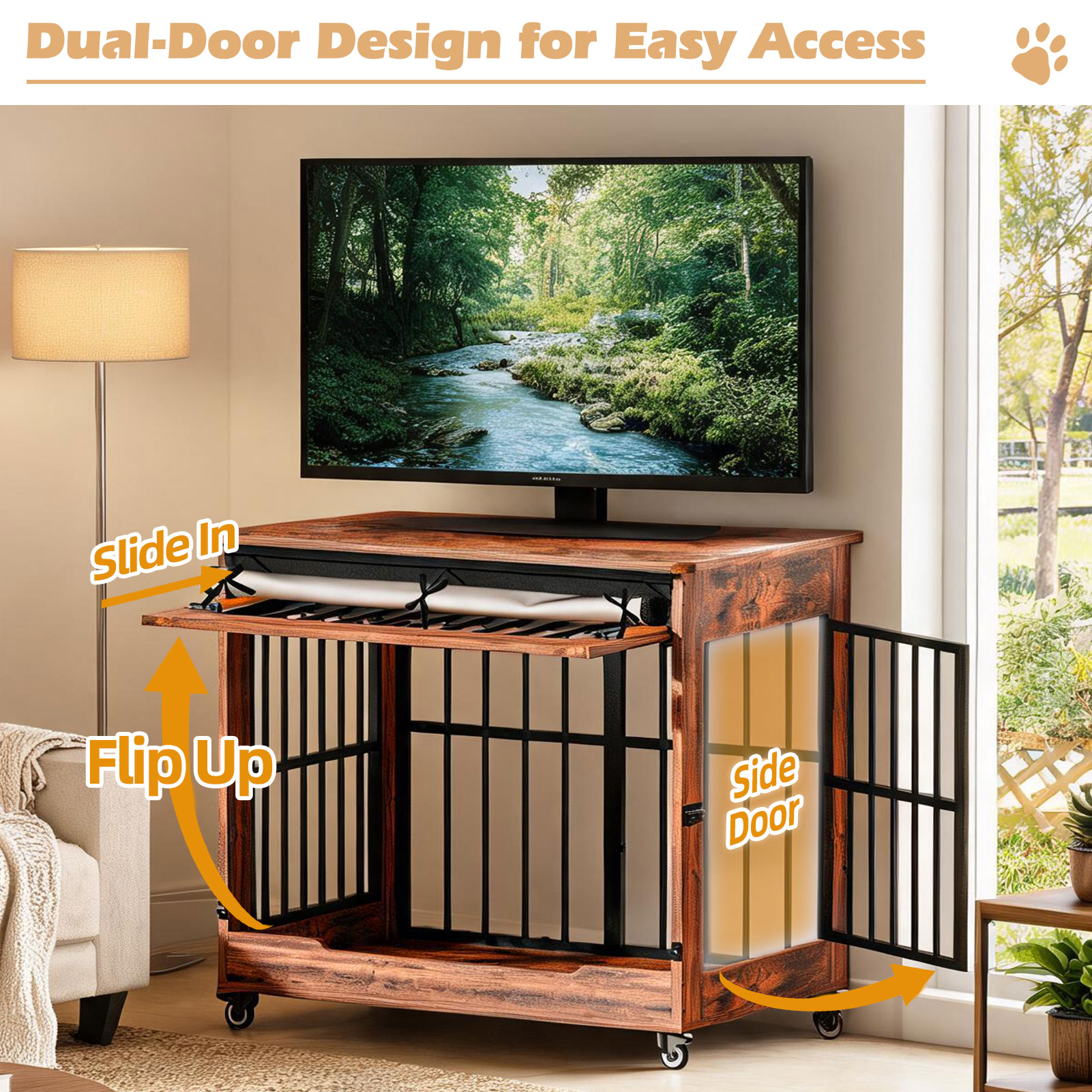 Large Dog Crate Furniture, Double Door Wooden Indoor Dog Kennel Furniture, Decorative Pet Cage End Table With Wheels For Large Breed Dogs, Size XL, Greige — image 27