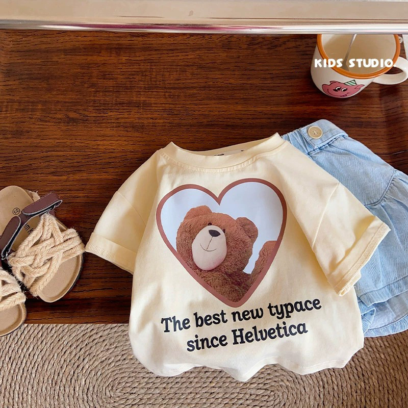 Children's Short Sleeve T-Shirt Cute Baby Cartoon Bear Mid and Small Boys and Girls Top — image 4