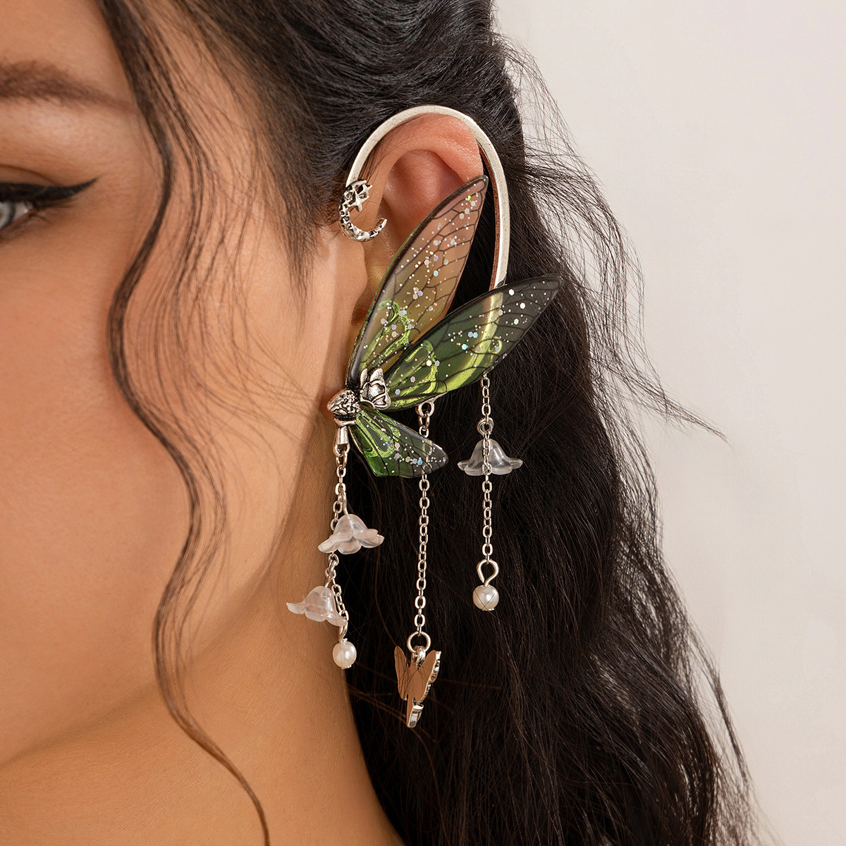 Forest style elf ear tassel ear hanging butterfly outline earring jewelry wing ear clip — image 1