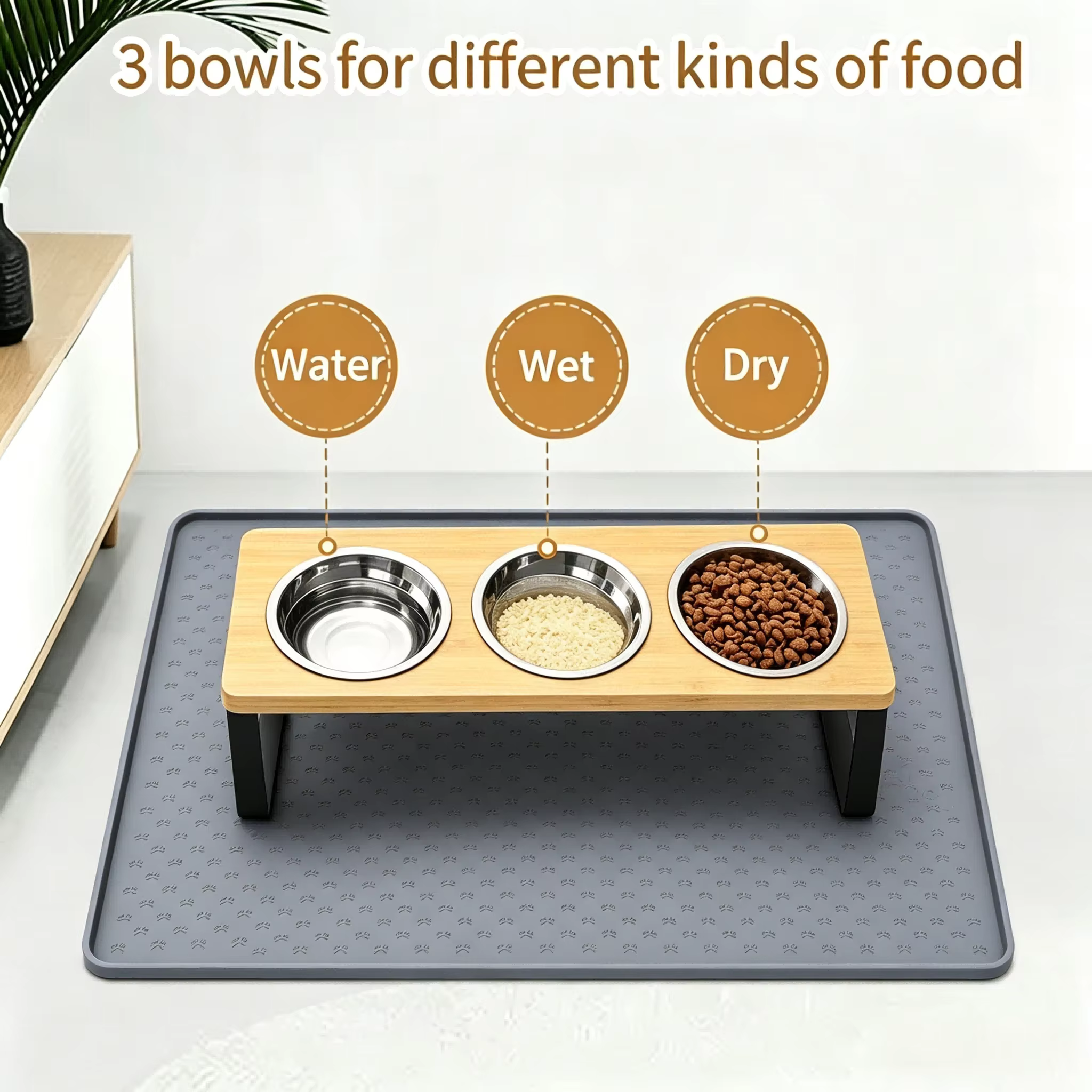 3 Bowls Elevated Cat Feeder 15° Tilted Bamboo Iron Stand Stainless Steel Pet Food Water Bowls Waterproof Anti-slip Silicone Feeding Mat for Kittens Puppies — image 2