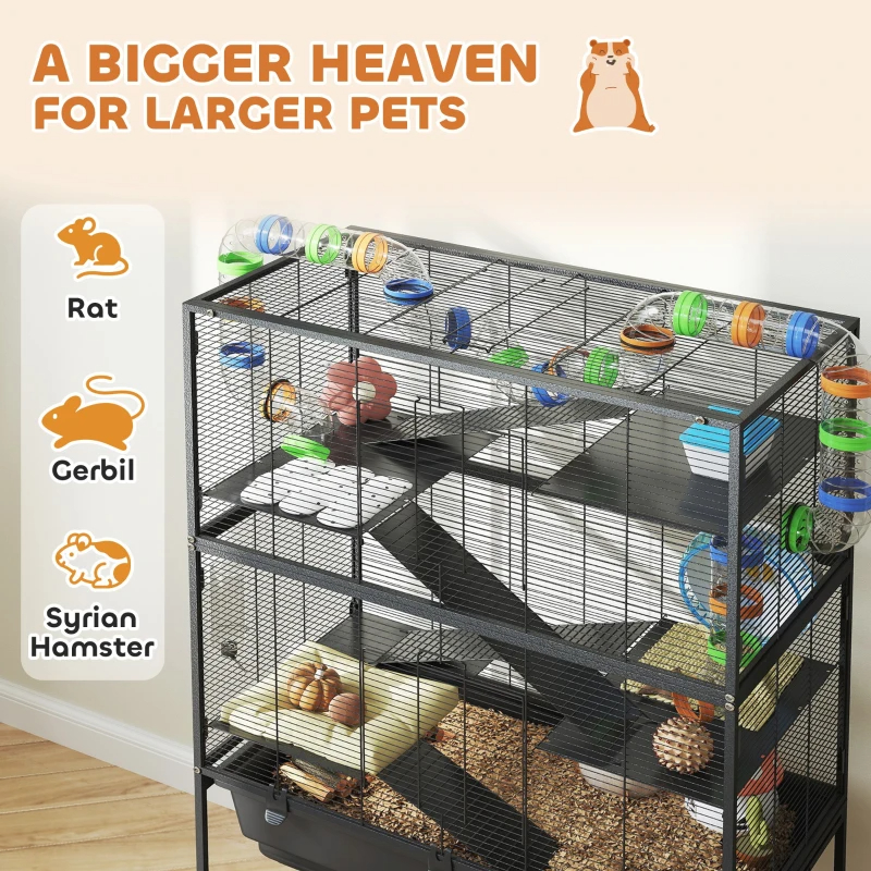 PawHut 5 Tier Hamster Cage, Rolling Rat Cage With Deep Tray, Storage Shelf, Big Exercise Wheel, Hut, Tube System — image 8