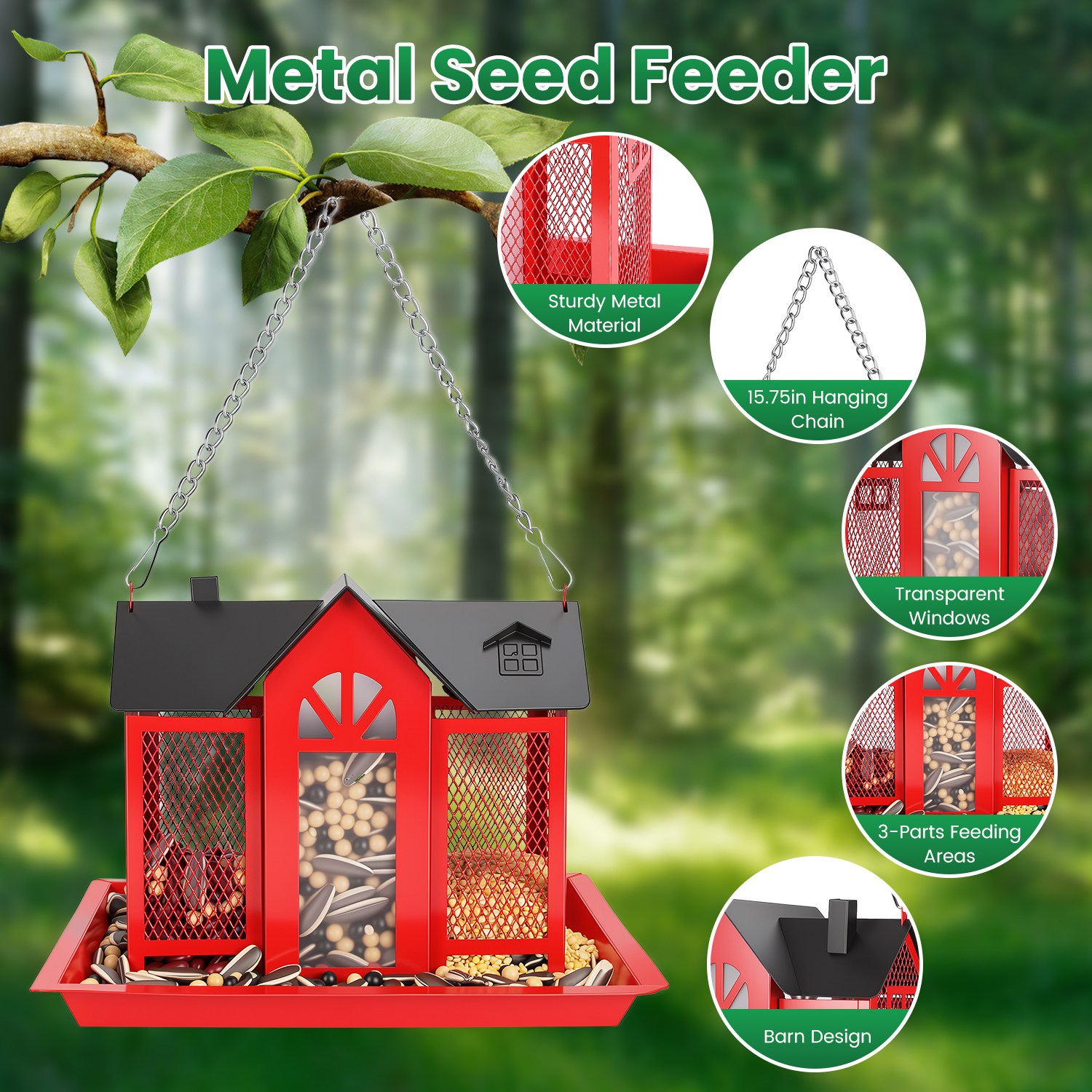 Casa de Comida para Pájaros Colgante Clásico Estilo Granja con Ventana Visible y Tapete Superior de 15,75 Pulgadas — imagen 8