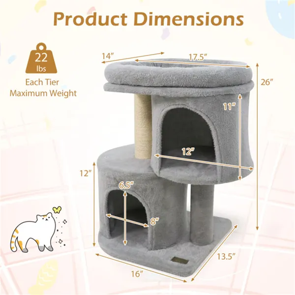 Rascador para Gatos Compacto de 26" con 2 Casitas y Postes de Sisal, Torre para Gatos Antivuelco para Espacios Pequeños — imagen 4