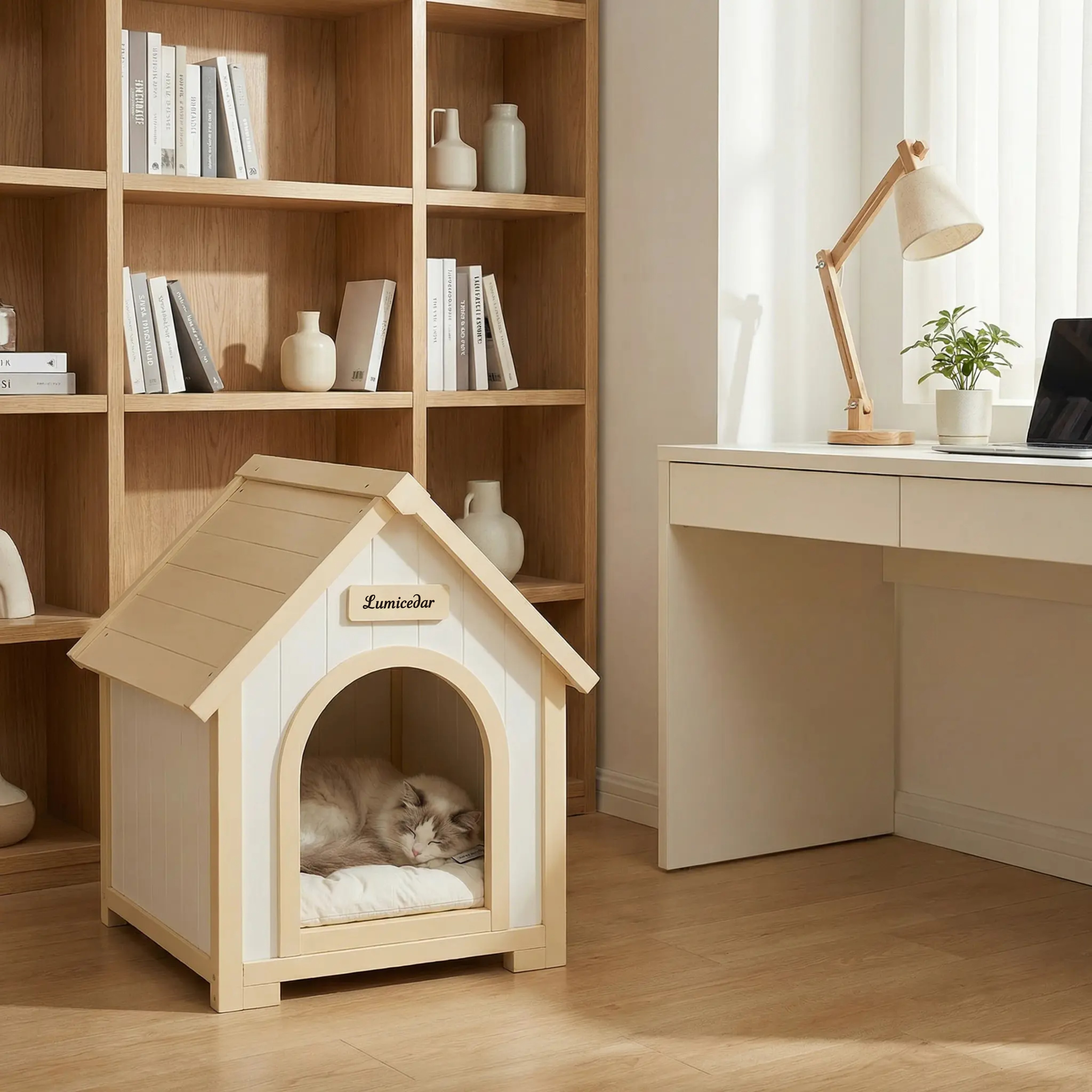 Casa de Perro Moderna en Madera para Interior con Almohadilla EVA – Casa de Animales de Ceder Solida para Pequeños Perros y Gatos — imagen 14