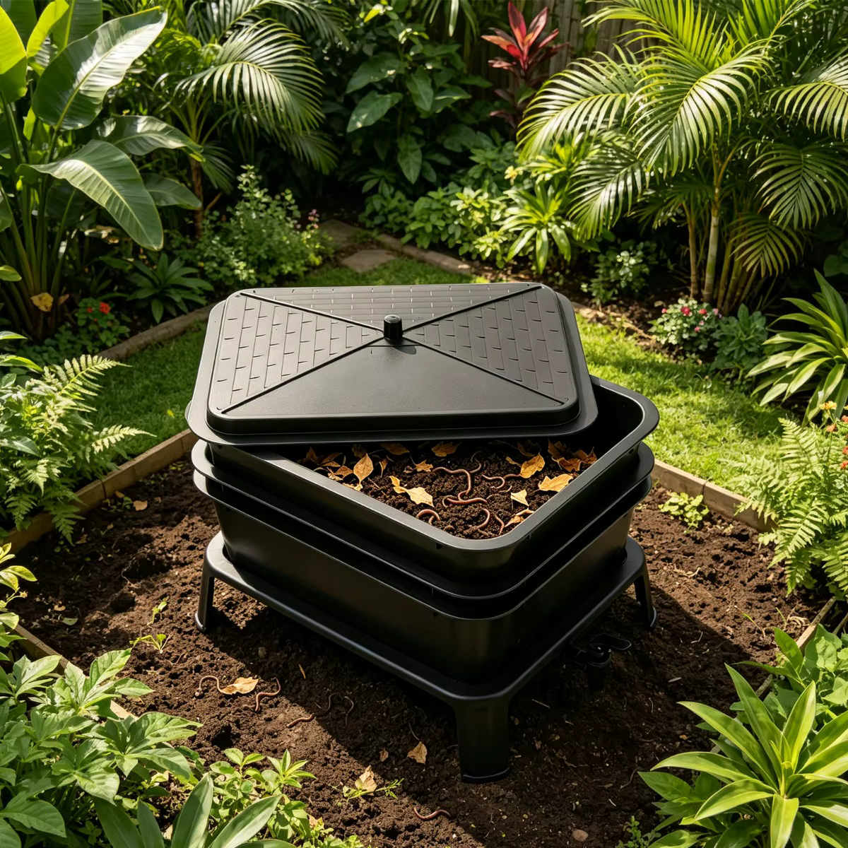 Composting Bin Outdoor, 3-Tier Worm Farm Vermicomposting Box, 30L Large Stackable Black, Food Waste Recycle, Liquid Fertilizer Tap, For Garden Balcony Patio, Safe PP Material, Easy Maintenance, Odorless Design — image 2