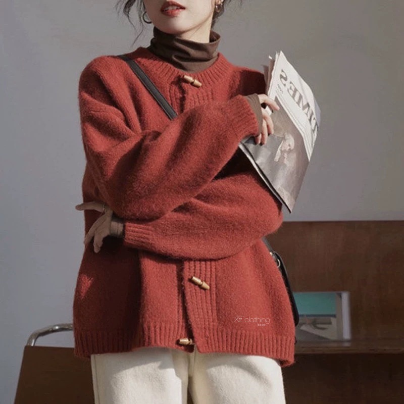 Lazy sweater women's short jacket round neck cow horn button jacket — image 11