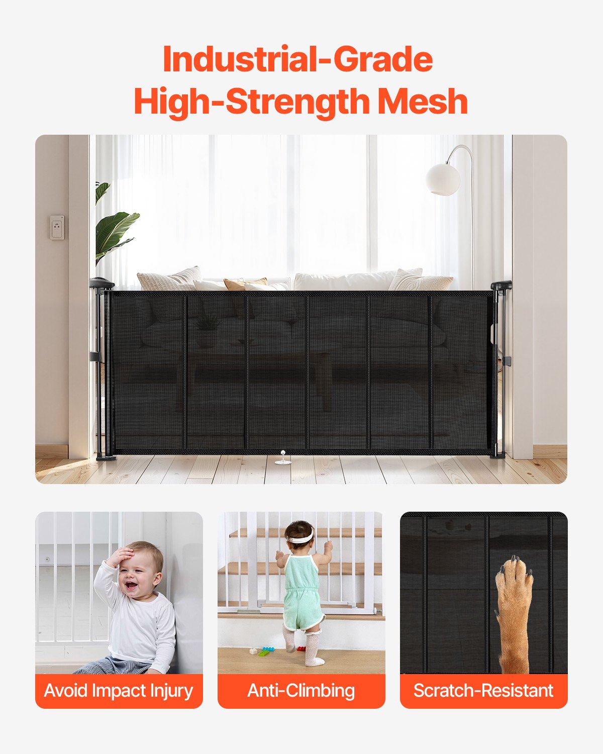 Puerta de seguridad retraible 86 cm de alto que se extiende hasta 180 cm ancho para niños o mascotas negro — imagen 1