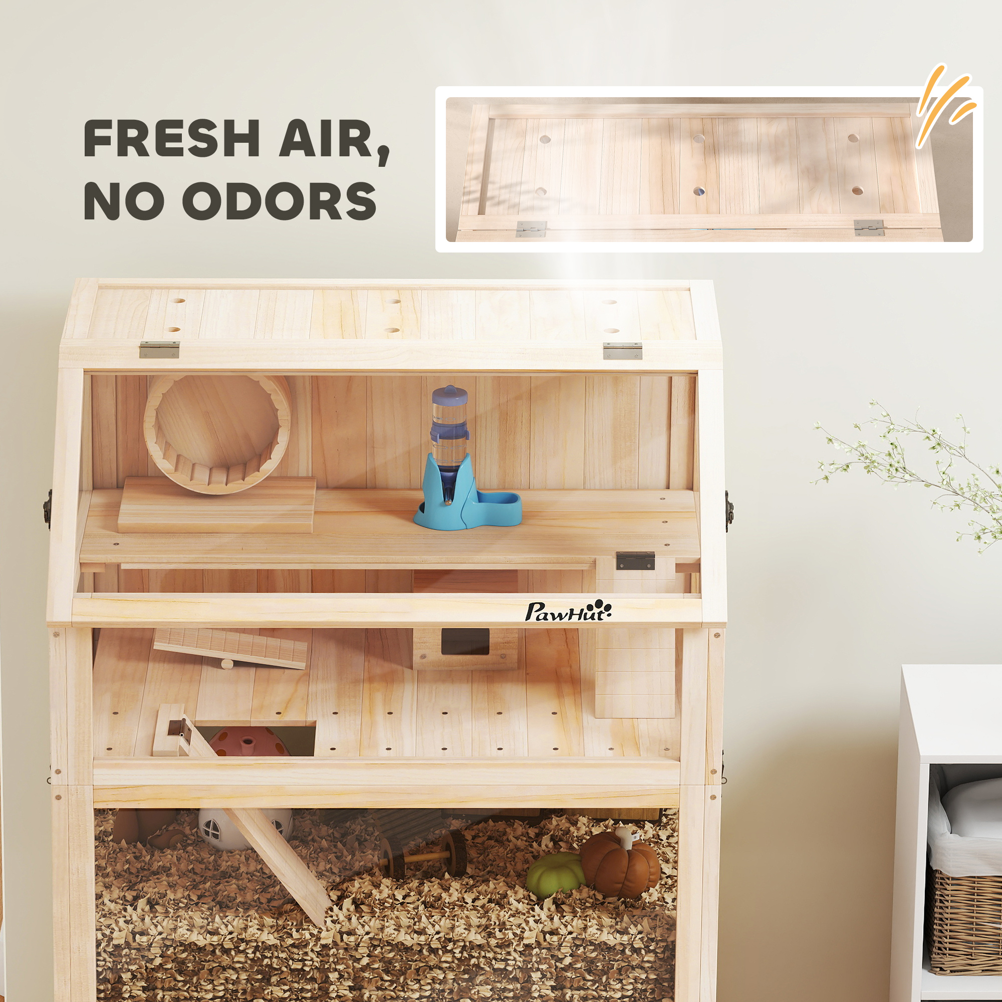 Caja de Madera para Hámsters con Piso Inferior Desmontable, Estante de Almacenamiento, Cueva, Balsa, Rueda de Ejercicio y Rampas para Hámsters Enano — imagen 7