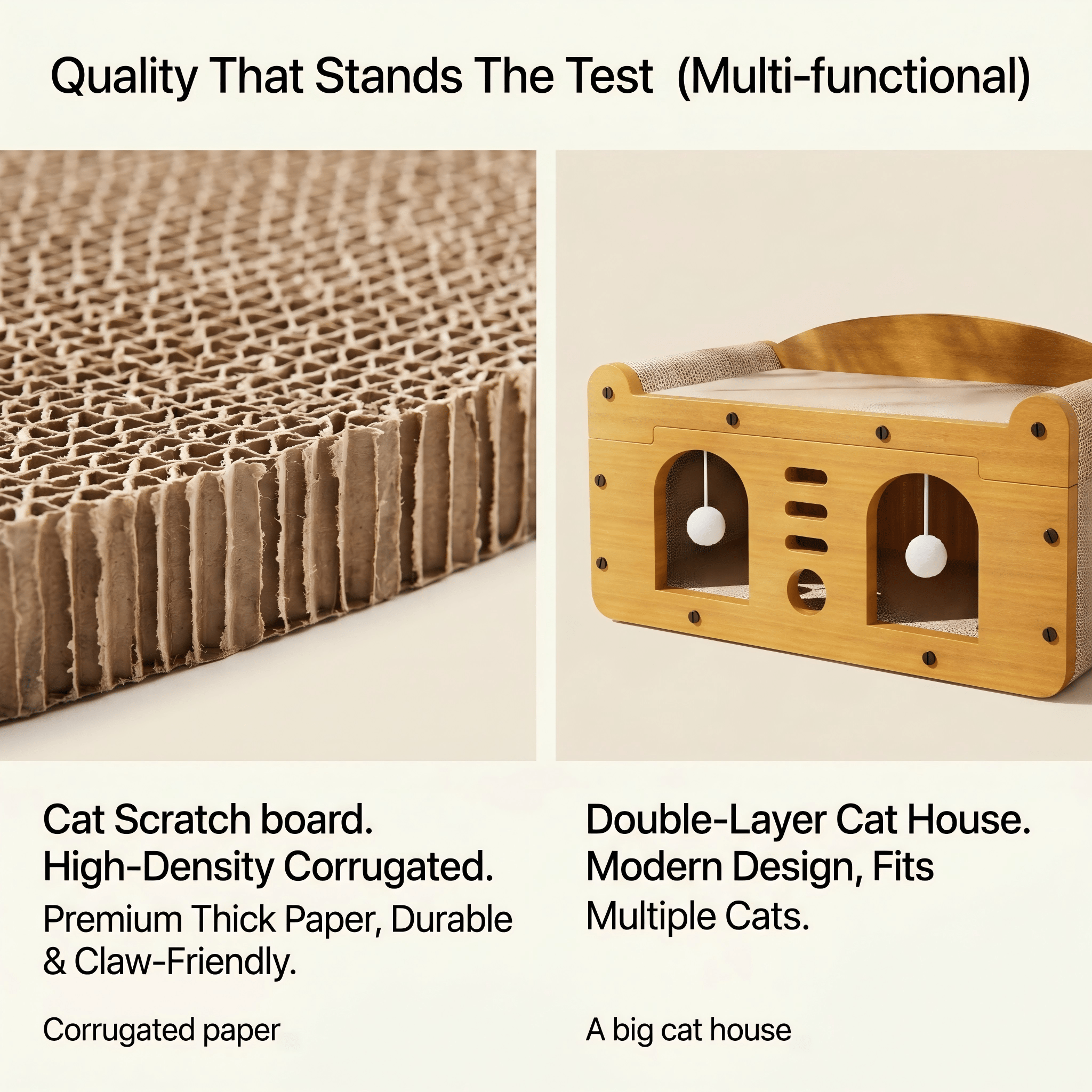 Casa de Gato Multiestilo con Dos Capas: 2 Niveles Grande para Perros y Gatos con Cartón Corrugado, Bolas Suspensas Interactivas y Soporte Cervical Ergonómico para Hogares con Muebles — imagen 4