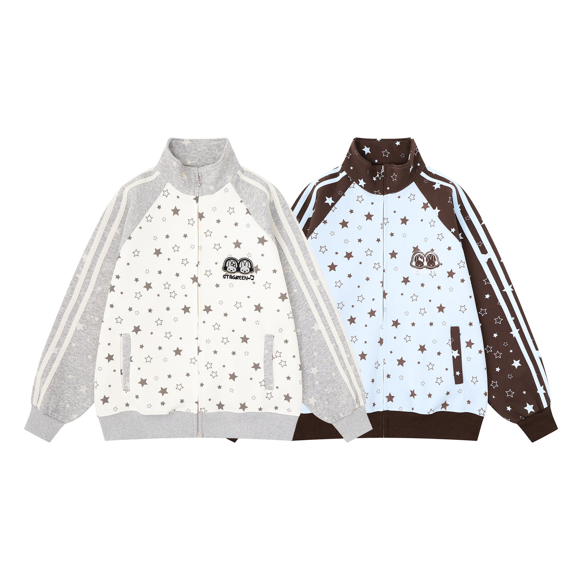 Casual Jacket with Cartoon Rabbit Embroidery Stand Collar Zipper Athletic Outerwear — image 5