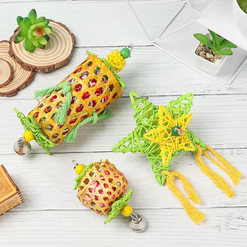 Natural Bamboo Rattan/Paper Weaving Cage Pet Bird Chewing Toys Parrot Cage Foraging Shredder Home Hanging Decoration — image 3