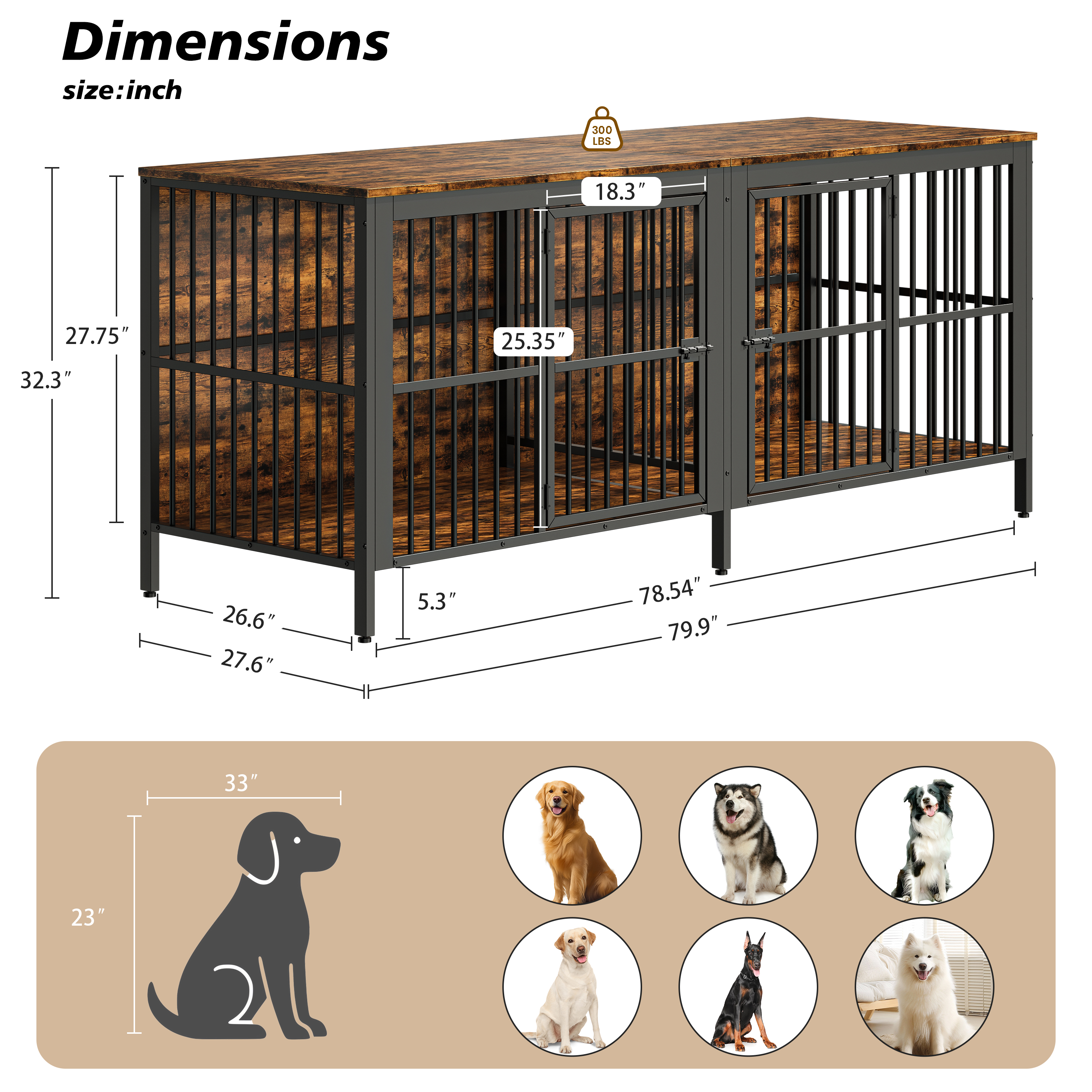 80 Dog Crate End Table, Heavy Duty 2-Door Indoor Pet Kennel, Multipurpose Dog House Furniture As TV Stand Or Side Table For Living Room, Large & Medium Dogs. Rustic Brown — image 3