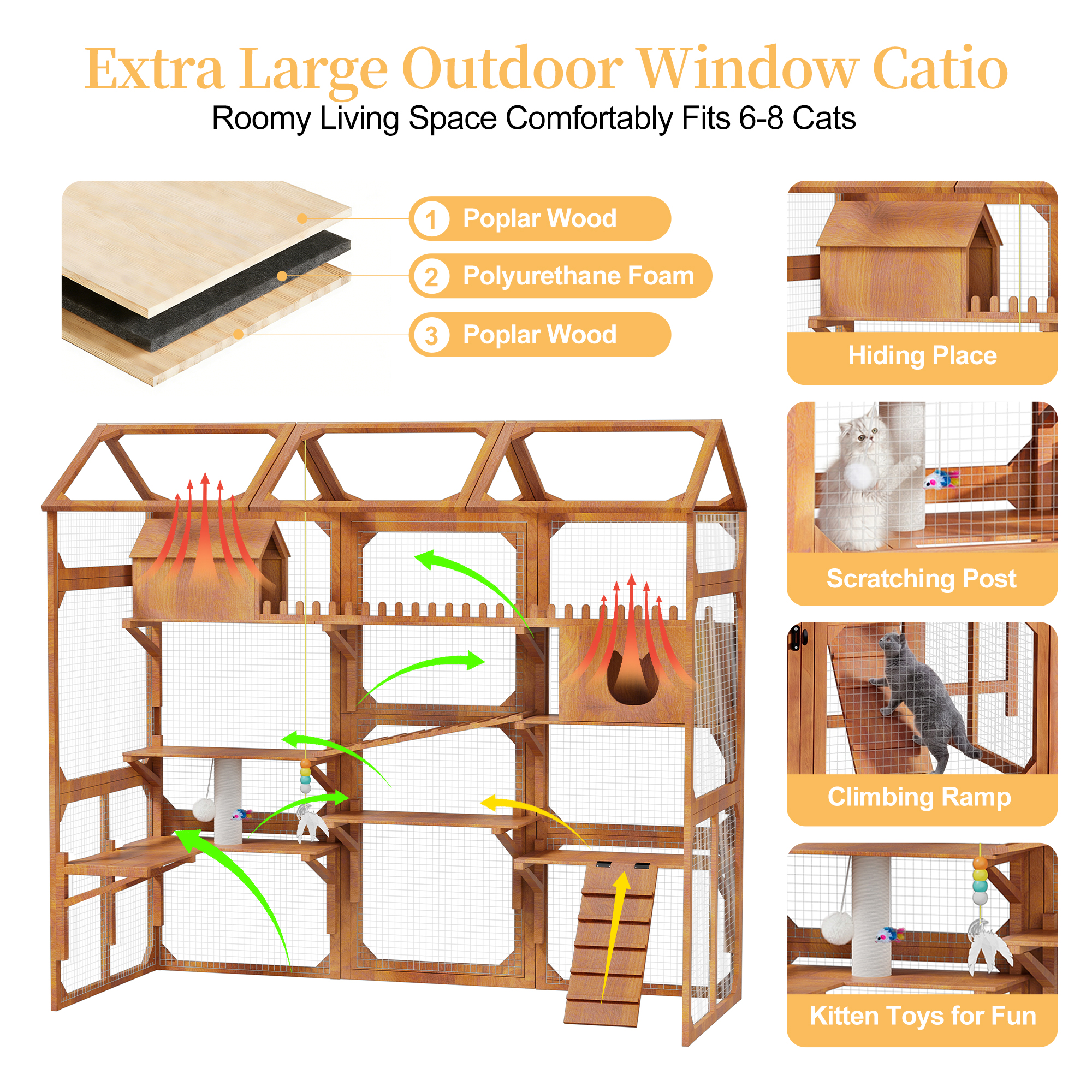 Catio Grande para Gatos al Aire Libre con 2 Poyos de Plantas, Jaula Multinivel de Entretenimiento con Techo Resistentente a la Meteorología y Accesorios para Patio — imagen 2