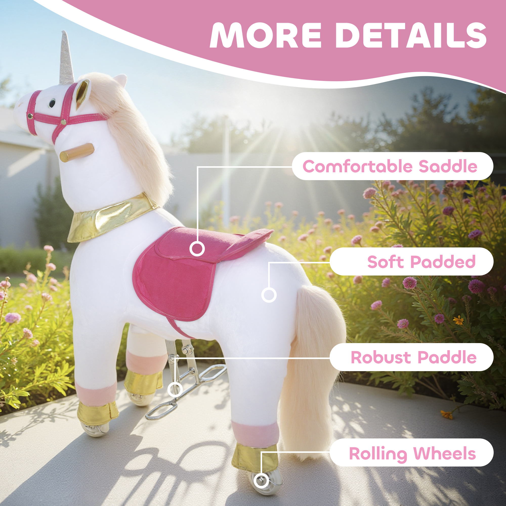 Ride on Unicorn Toy for Kids 3-5 Years, 29.5 Inch Plush Baby Rocking Horse with Wheels, No Battery Required, White — image 6