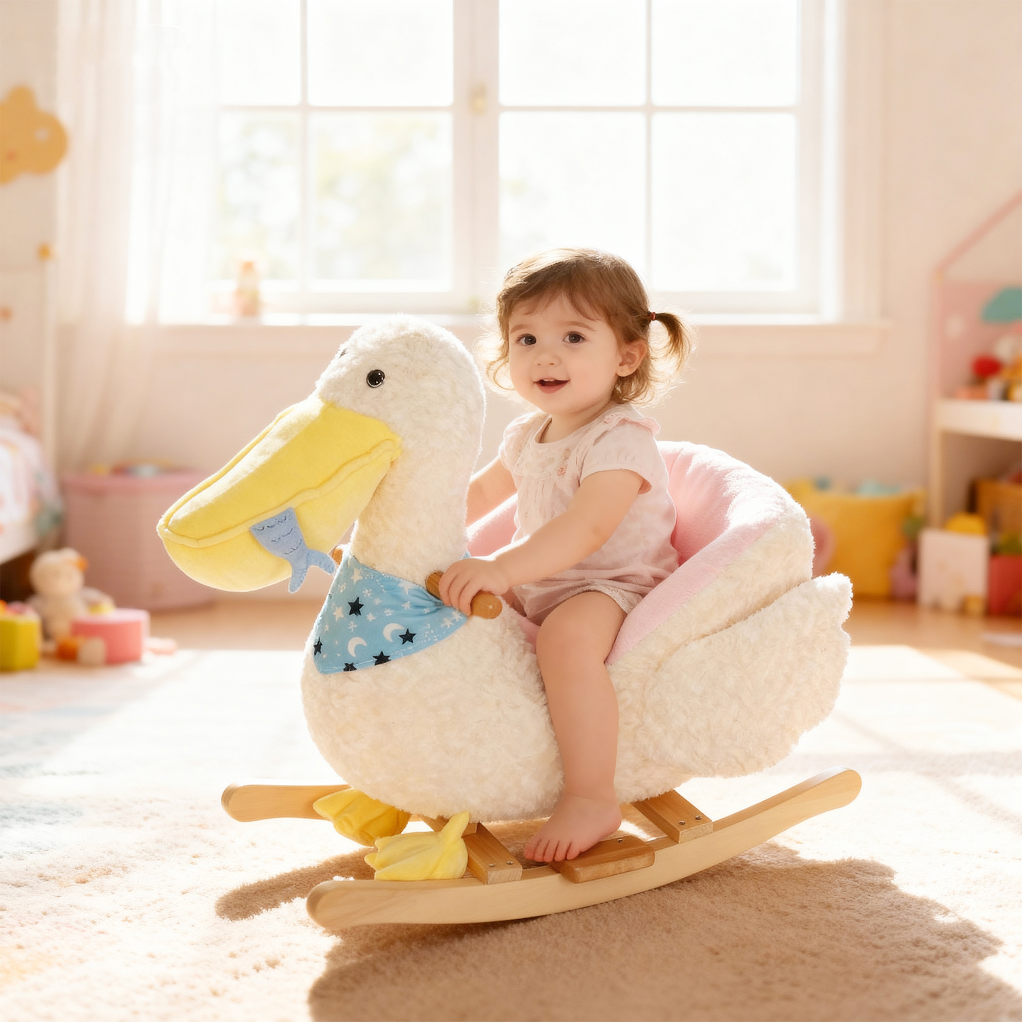 Caballito Mecedor para Bebé, Caballito de Pelícano para Montar para Niños de 18 a 36 Meses, con Sonido Realista de Pato, Blanco — imagen 7