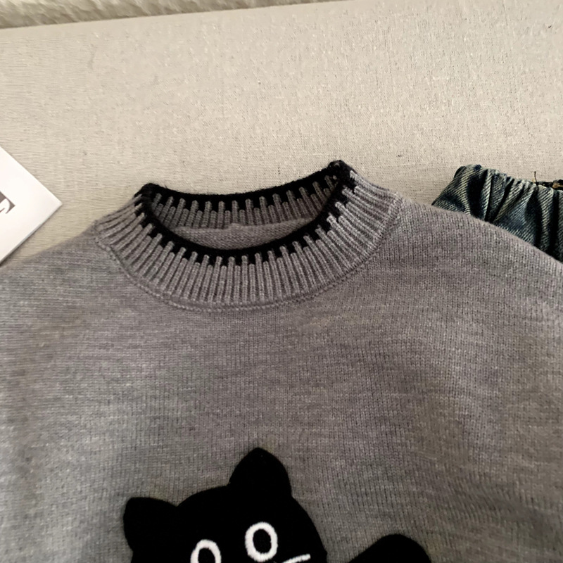 Boys' thick children's cartoon mischievous cat round neck knitted sweater — image 3