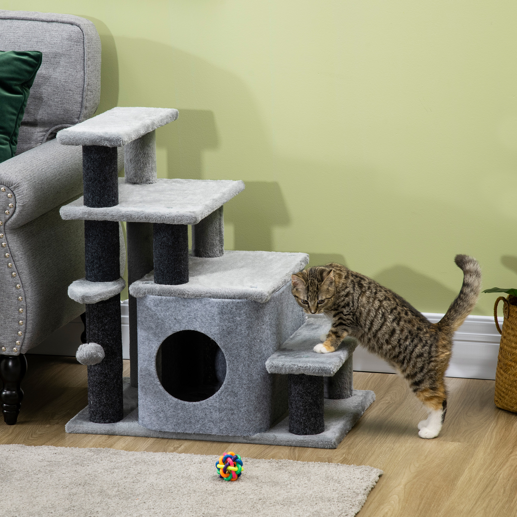 Adjustable Height 3 Step/4 Step Cat Stairs with Cat Scratching Post, Cat Condo, Toy Ball, for Bed, Sofa, Couch, Gray — image 2