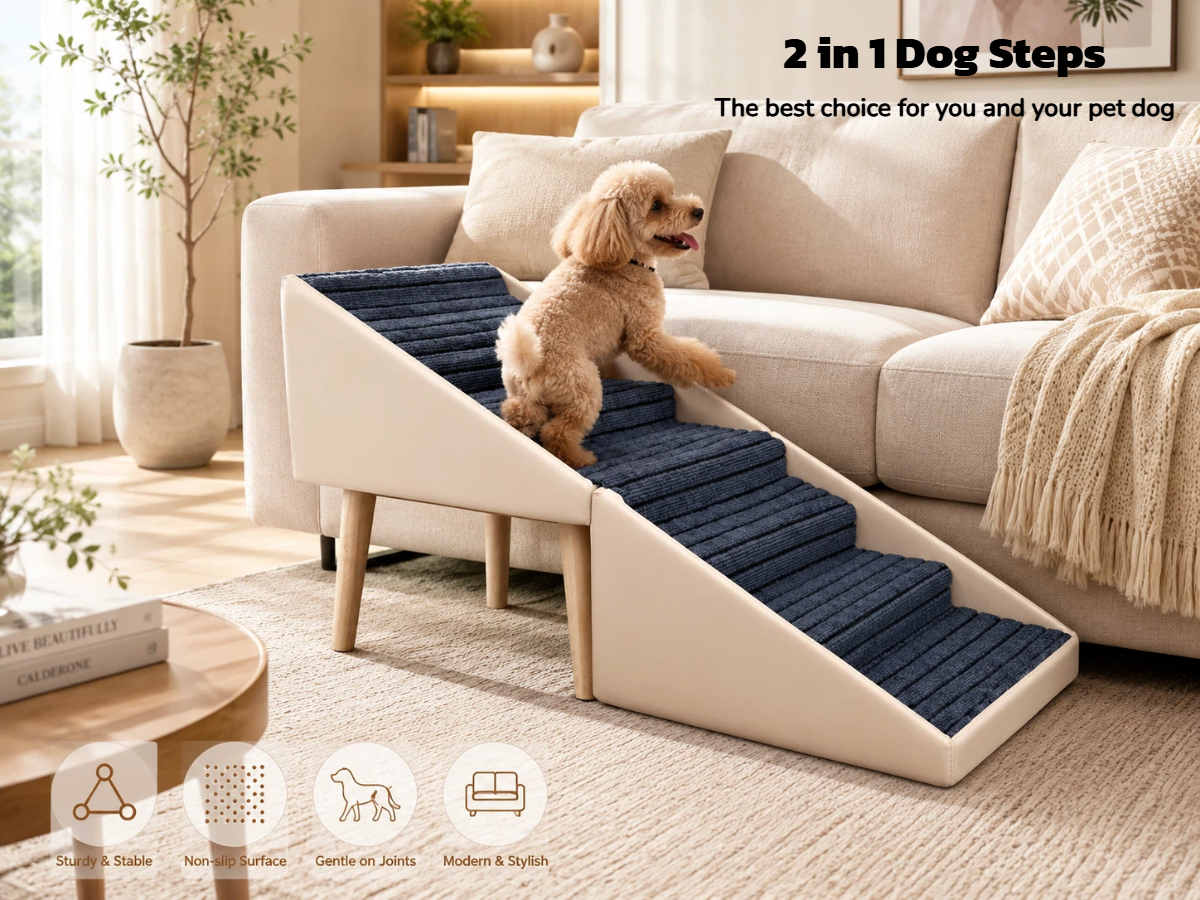 Escalera para Perros 2 en 1 para Cama y Sofá, 25.2" Rampa Plegable para Perros con 6 Escalones y Otomana para Perros Pequeños y Grandes, Beige — imagen 3
