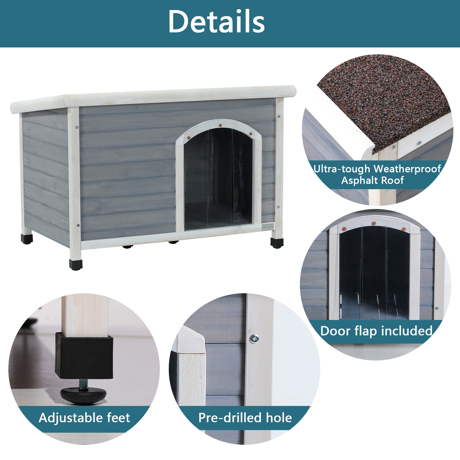 Medium Wooden Outdoor Dog House, Waterproof Roof, Elevated Floor, Adjustable Plastic Feet, Grey — image 6