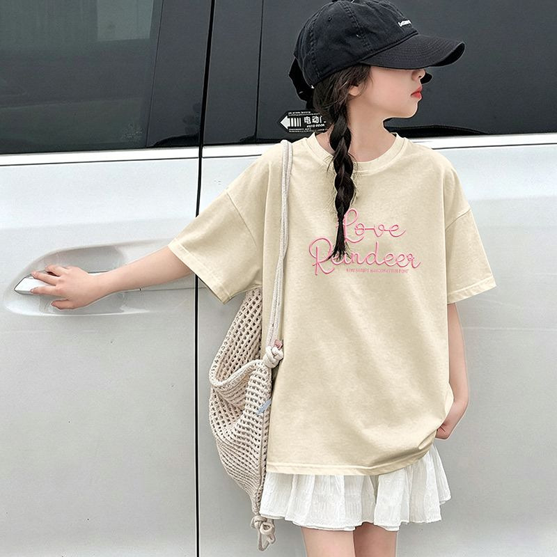 Girls' Short Sleeve T-Shirt Children's Medium to Large Size Elementary School Kids Cute Cat Print Top T-Shirt — image 5