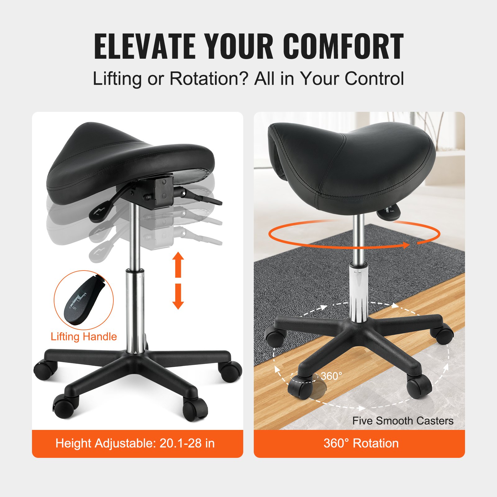 Saddle Stool With Wheels, 400 LBS Weight Capacity, Height Adjustable Thickened PU Leather Swivel Saddle Stool Chair For Salon, Spa, Tattoo, Clinic, Black — imagen 2