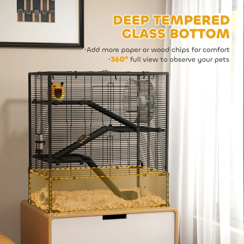 4 Tier Hamster Cage With Deep Tempered Glass Bottom, Running Wheel, Hut, Water Bottle, Food Dish — imagen 2