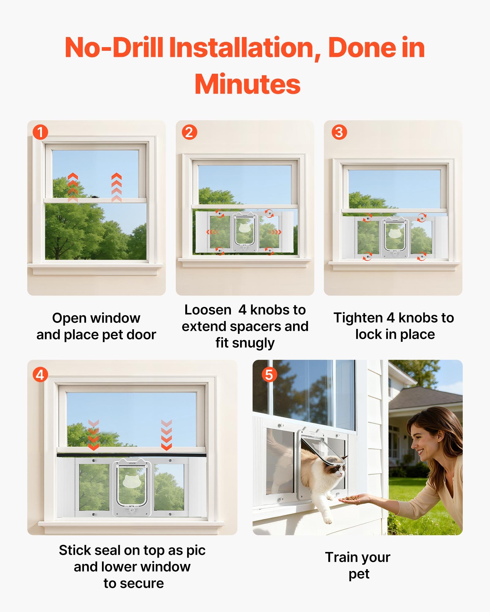 Puerta para Gatos en la Ventana, Ajustable 31"-36", 4 Modos de Bloqueo Seguros, Estructura de Aluminio y Vidrio de Alta Transparencia, Cierre Magnético, Puerta Rápida y Resistente al Tiempo para Mascotas de Interiores, Blanco — imagen 2