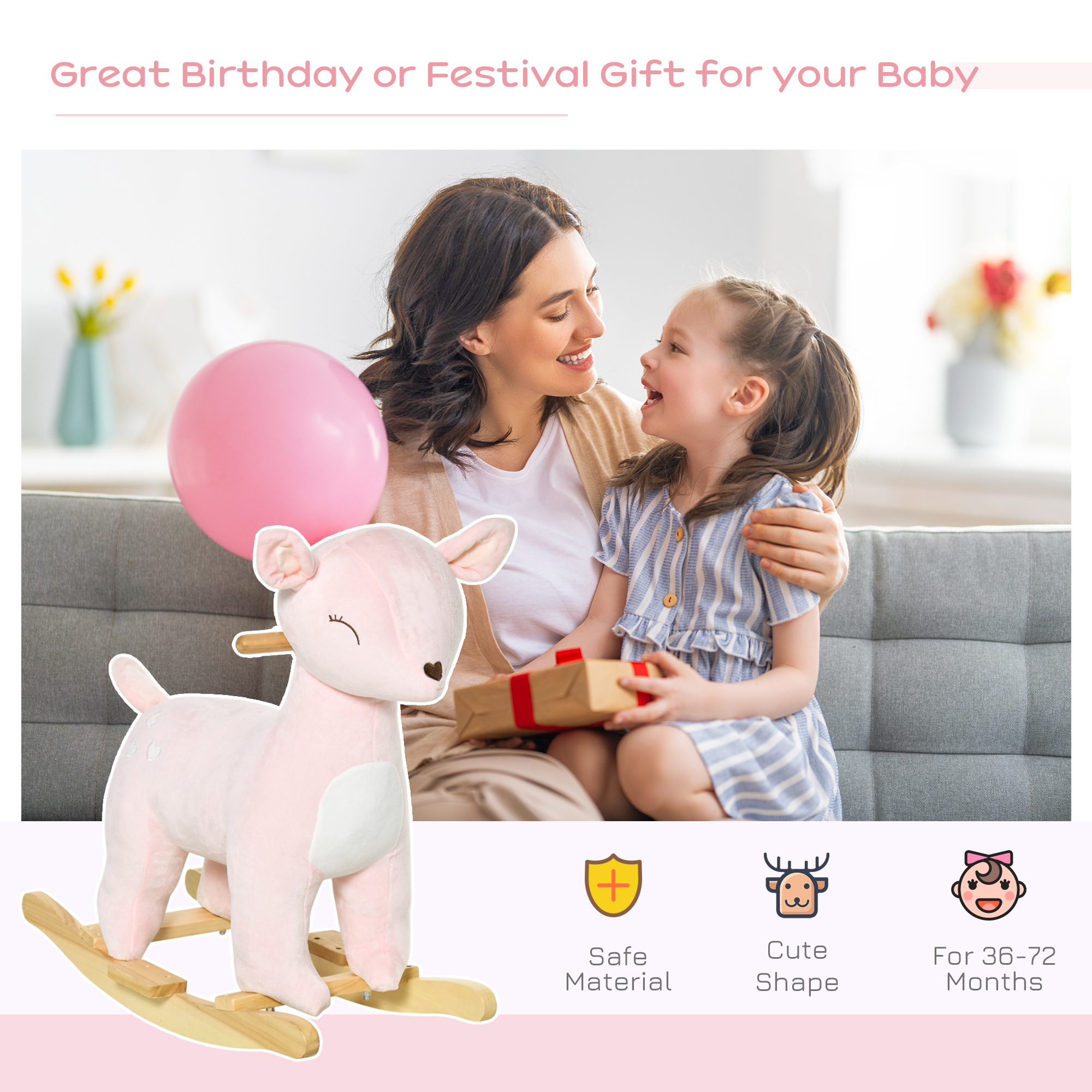 Kids Plush Ride-On Rocking Horse Deer-shaped Plush Toy Rocker With Realistic Sounds For Child 36-72 Months Pink — imagen 2
