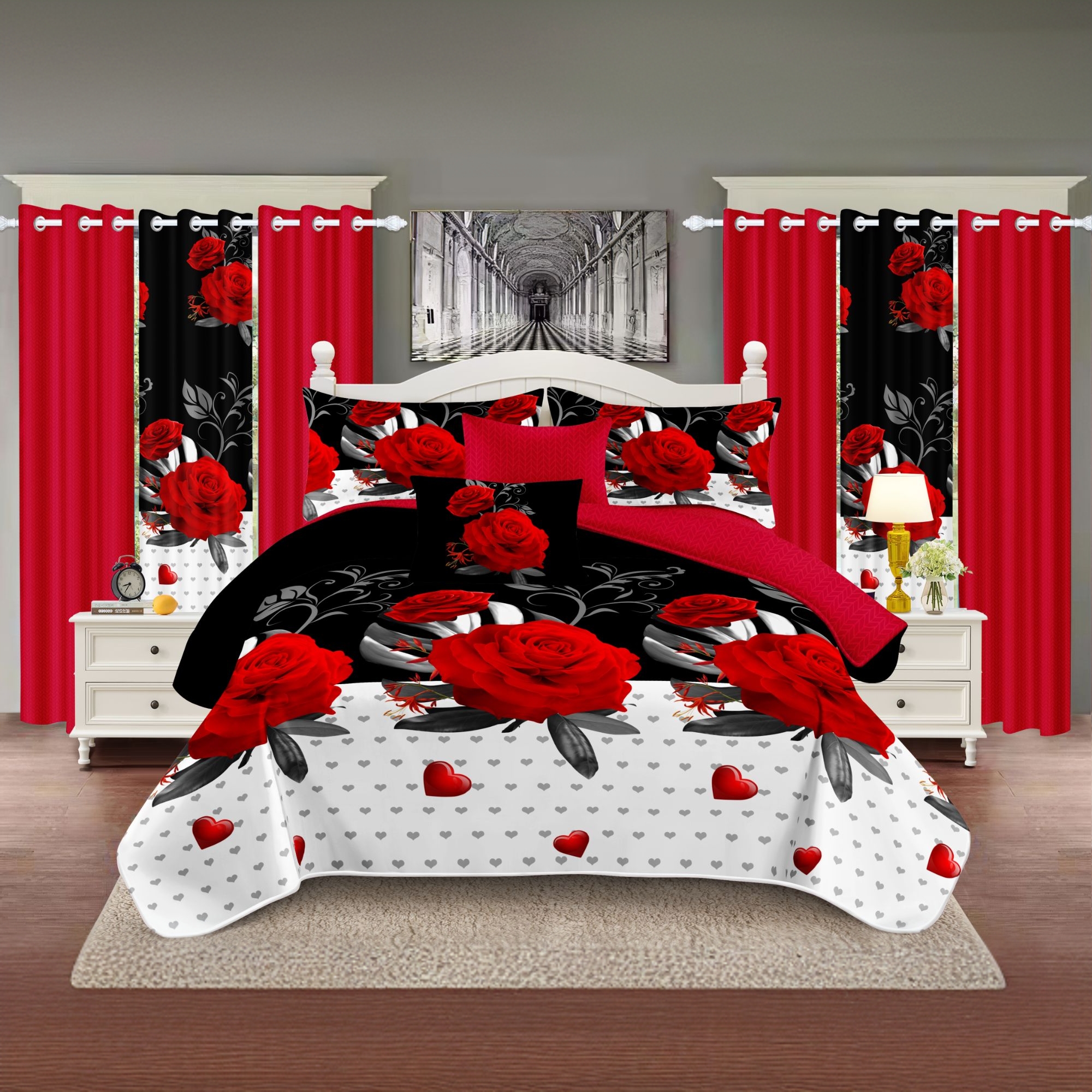 9 Piece Room In A Bag Quilt And Curtain Set, US Designer Romantic Red Rose Print Heavyweight Bedspread With 6 Customizable Window Panels, Pet-Friendly High GSM Coverlet — image 5