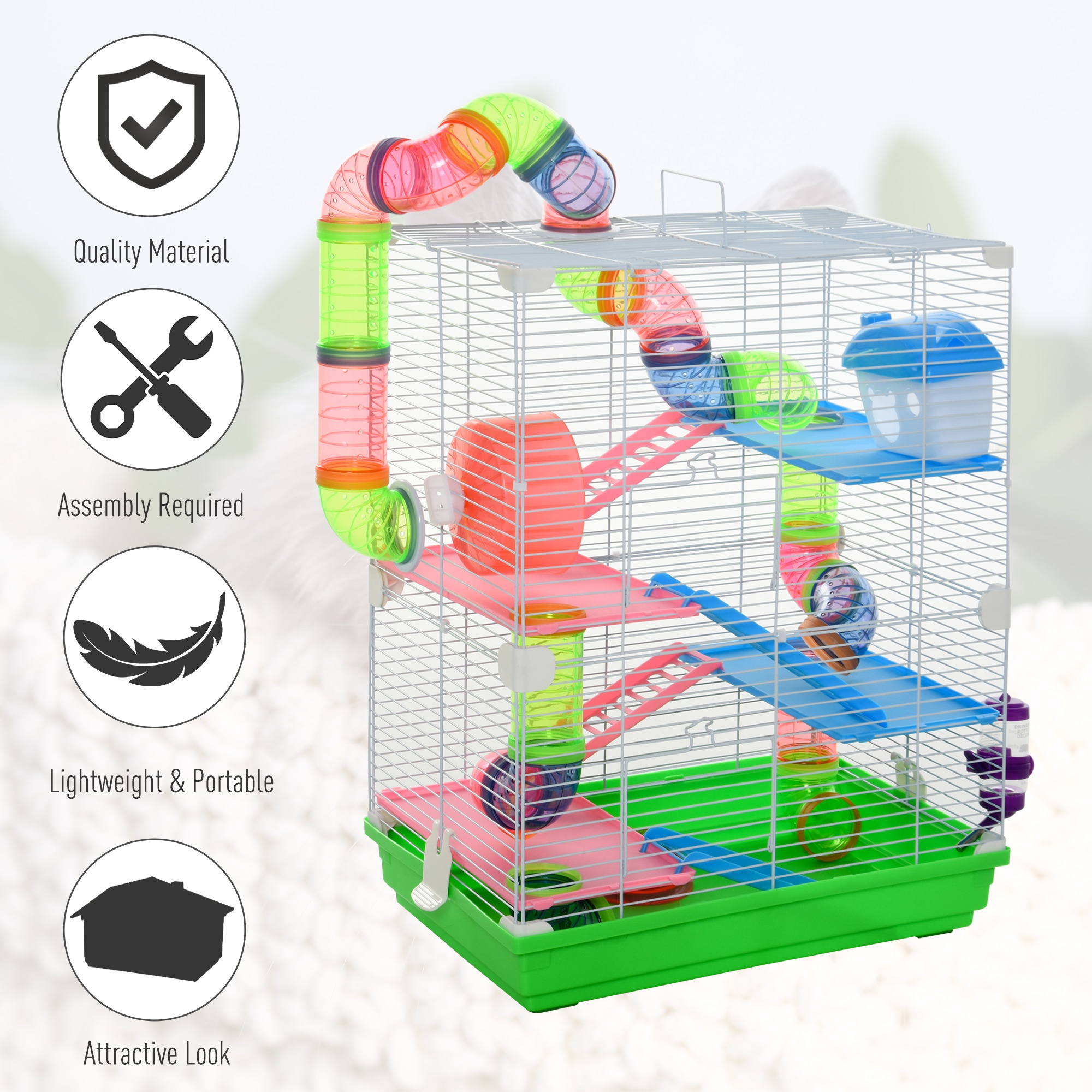 Jaula para Hámster de 5 Niveles, Transportadora Portátil para Mascotas con Rueda de Ejercicio y Tubo — imagen 6