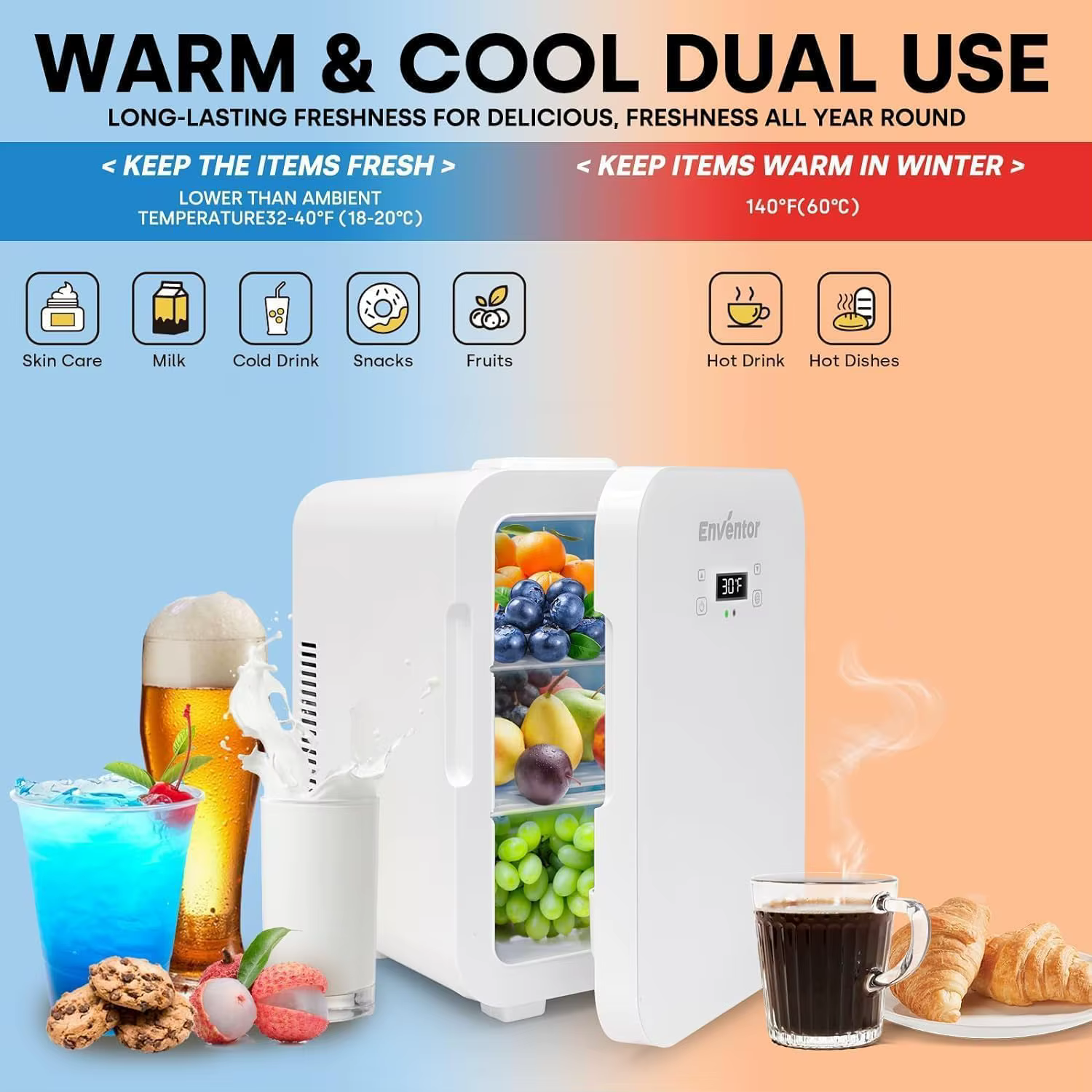 Enventor 10L Mini Car Refrigerator Portable Skincare Fridge AC 120V/DC 12V Thermoelectric Cooler and Warmer Function For Camping — image 3