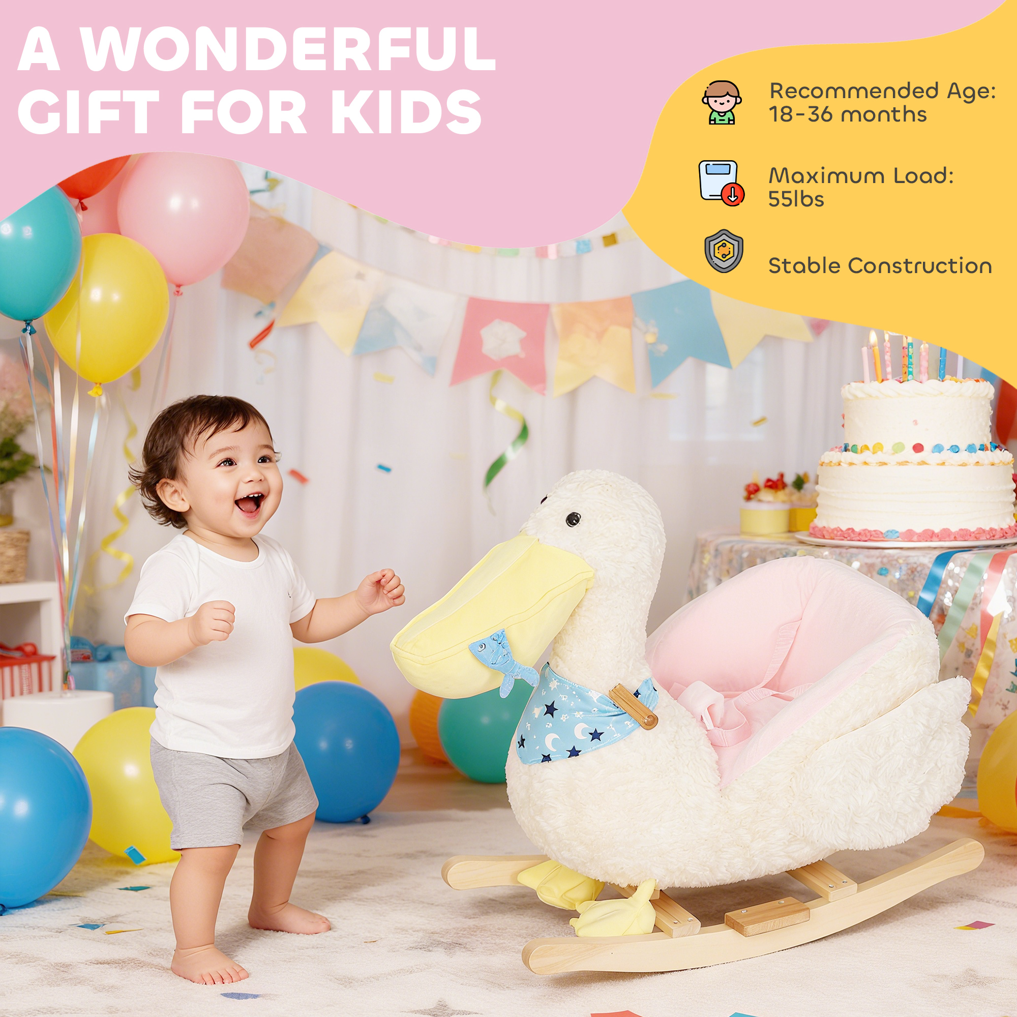 Caballito Mecedor para Bebé, Caballito de Pelícano para Montar para Niños de 18 a 36 Meses, con Sonido Realista de Pato, Blanco — imagen 5