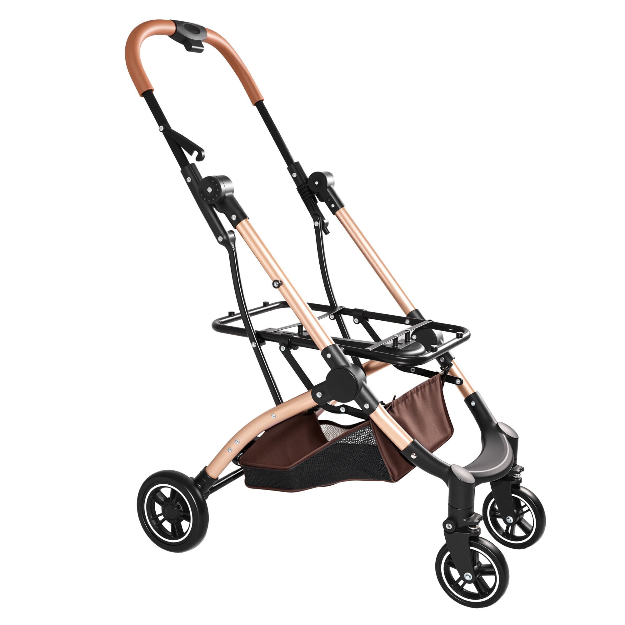 Muleta para Mascotas 2 en 1: Carruaje de 4 Ruedas Reversible con Canasta de Almacenamiento y Sombrilla Solar (Khaki + Oro) — imagen 18