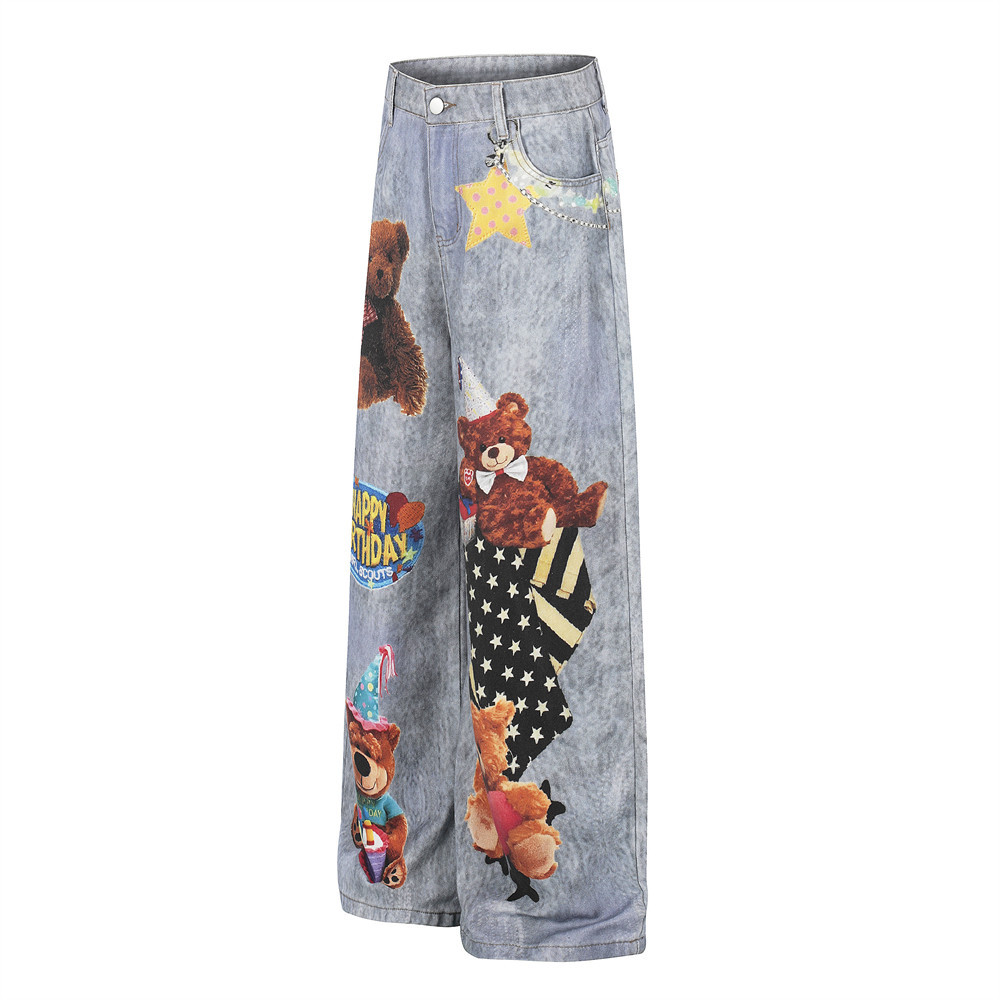 Teddy bear cartoon hot stamping straight leg denim pants — image 6