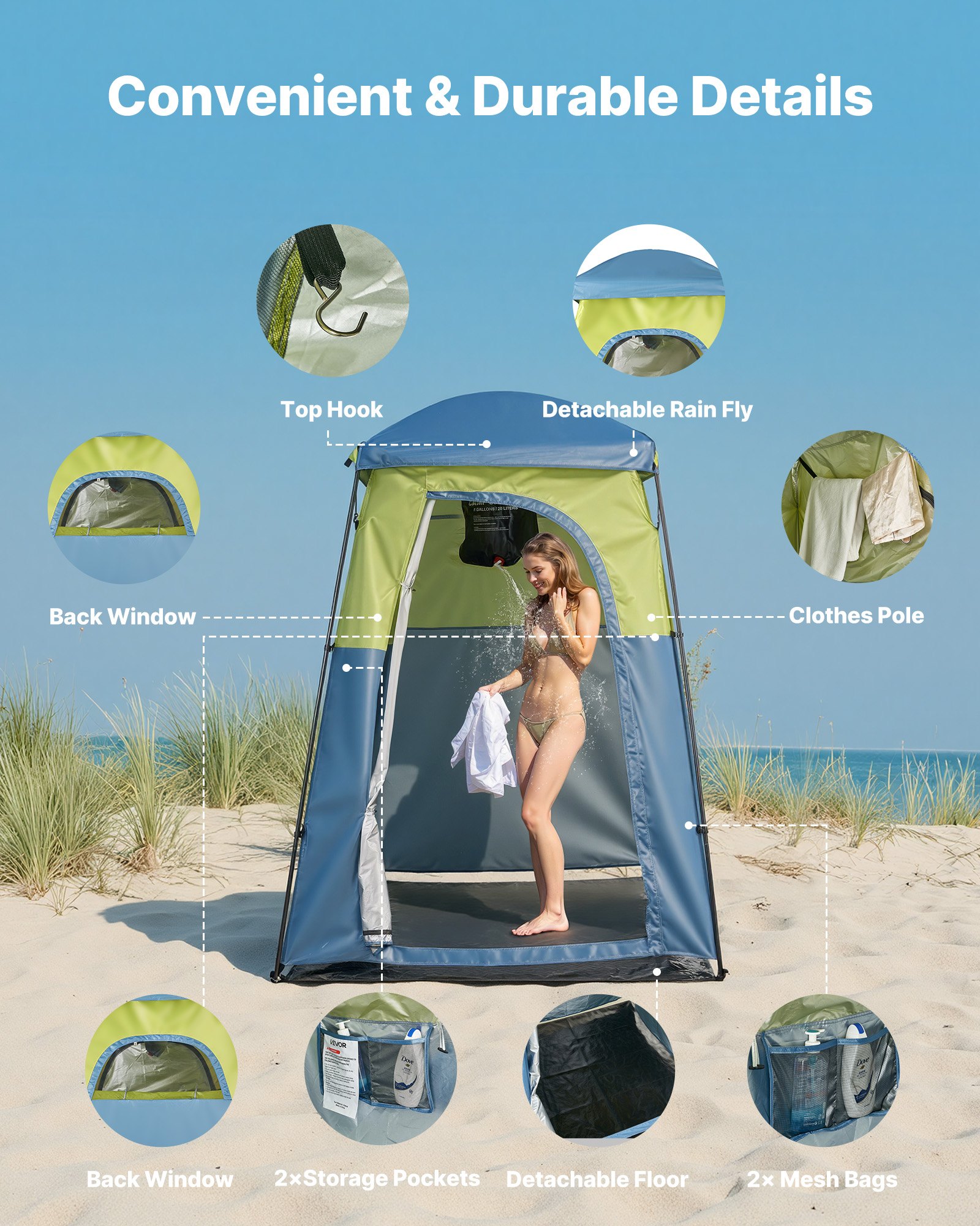 Camping Shower Tent, 1 Room, Portable Privacy Tent Changing Room With Shower Bag, Ground Stakes, Ropes, Carry Bag, And Support Poles, 150D Oxford Fabric With Silver Coating, For Camping, Fishing — imagen 4