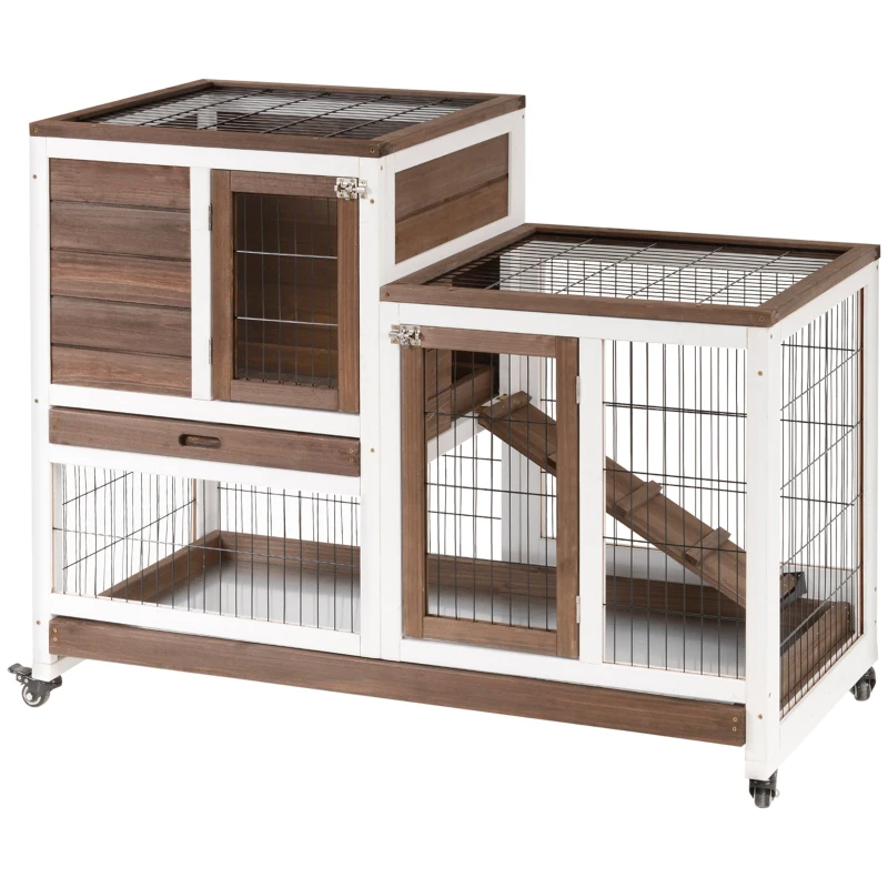 PawHut Wooden Rabbit Hutch Elevated Bunny Cage Indoor Small Animal Habitat With Enclosed Run With Wheels, Ramp, Removable Tray For Rabbits, Chickens, Ducks, Guinea Pigs, Brown — imagen 4