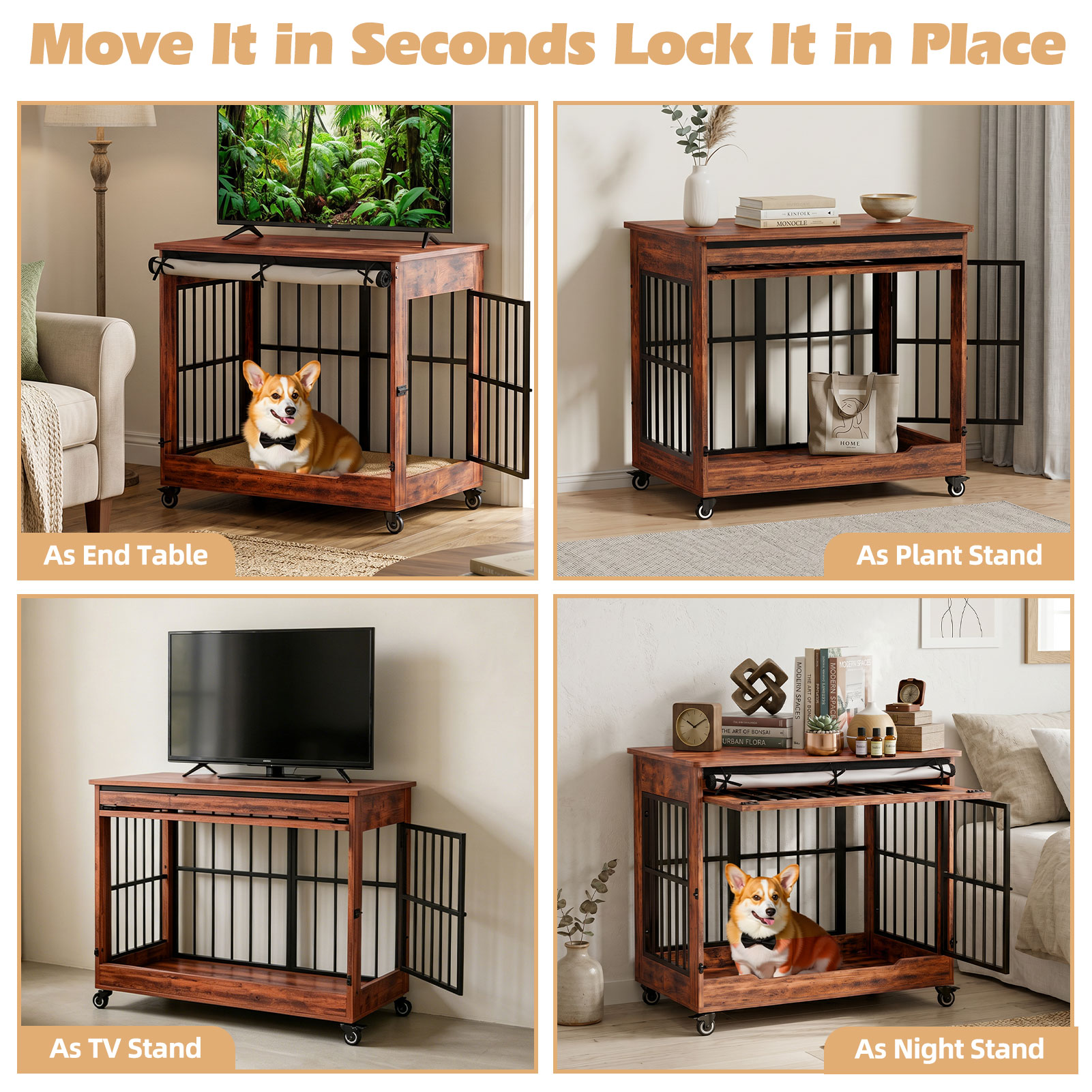 Dog Crate Furniture, Double Door Wooden Indoor Dog Kennel Furniture, Decorative Pet Cage End Table With Wheels For Medium And Small Breed Dogs, Size M, Greige — image 24