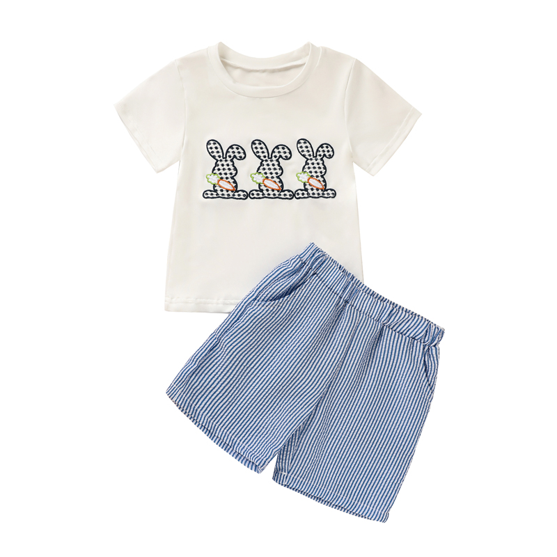 Conjunto Casual de Niño de 2 Piezas, Camiseta con Conejo y Zanahoria Bordada y Pantalones Cortos con Bolsillos Rayados — imagen 2