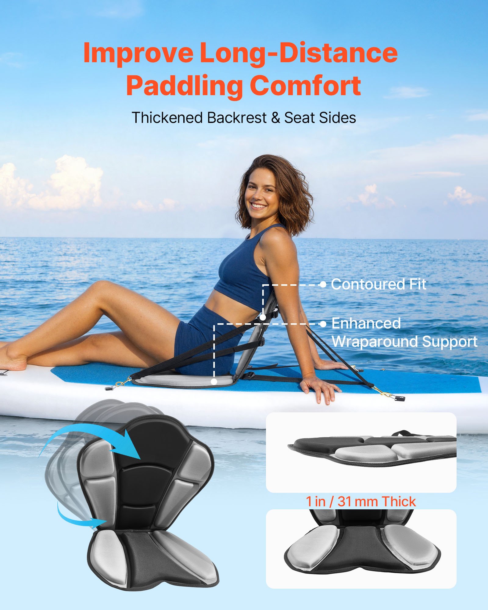 Kayak Seat, 1 Pack 1" Thick, Universal Paddle Board Seat With Back Support, Sit-on-Top Soft Padded Cushion With Storage Bag & Adjustable Straps For SUP, Fishing Boat, Inflatable Kayak, Rowboat — imagen 3